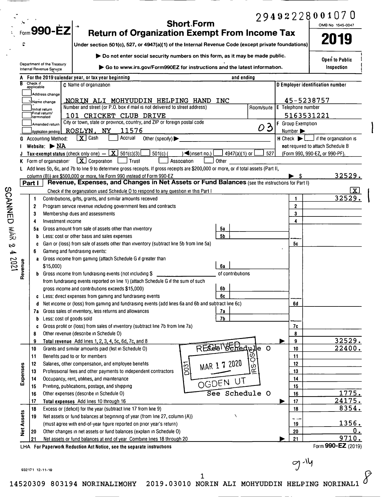 Image of first page of 2019 Form 990EZ for Norin Ali Mohyuddin Helping Hand