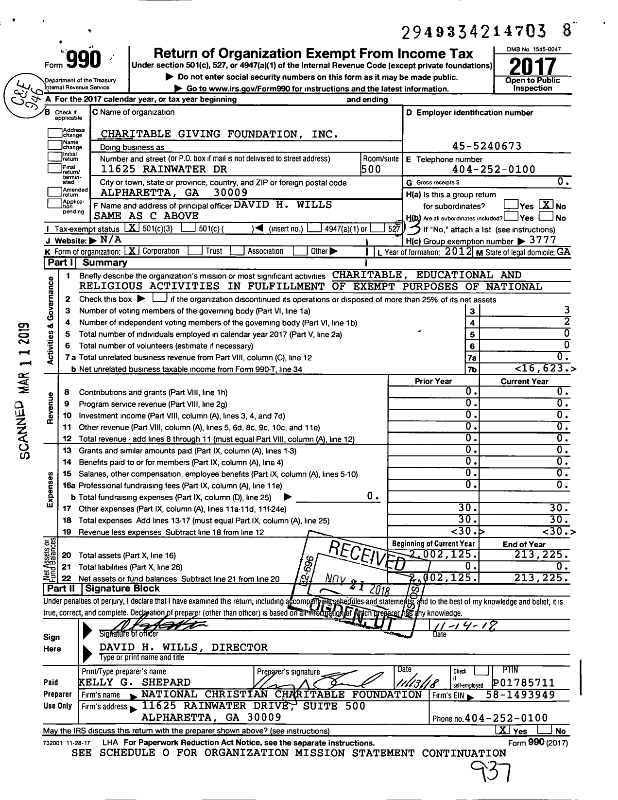 Image of first page of 2017 Form 990 for Charitable Giving Foundation