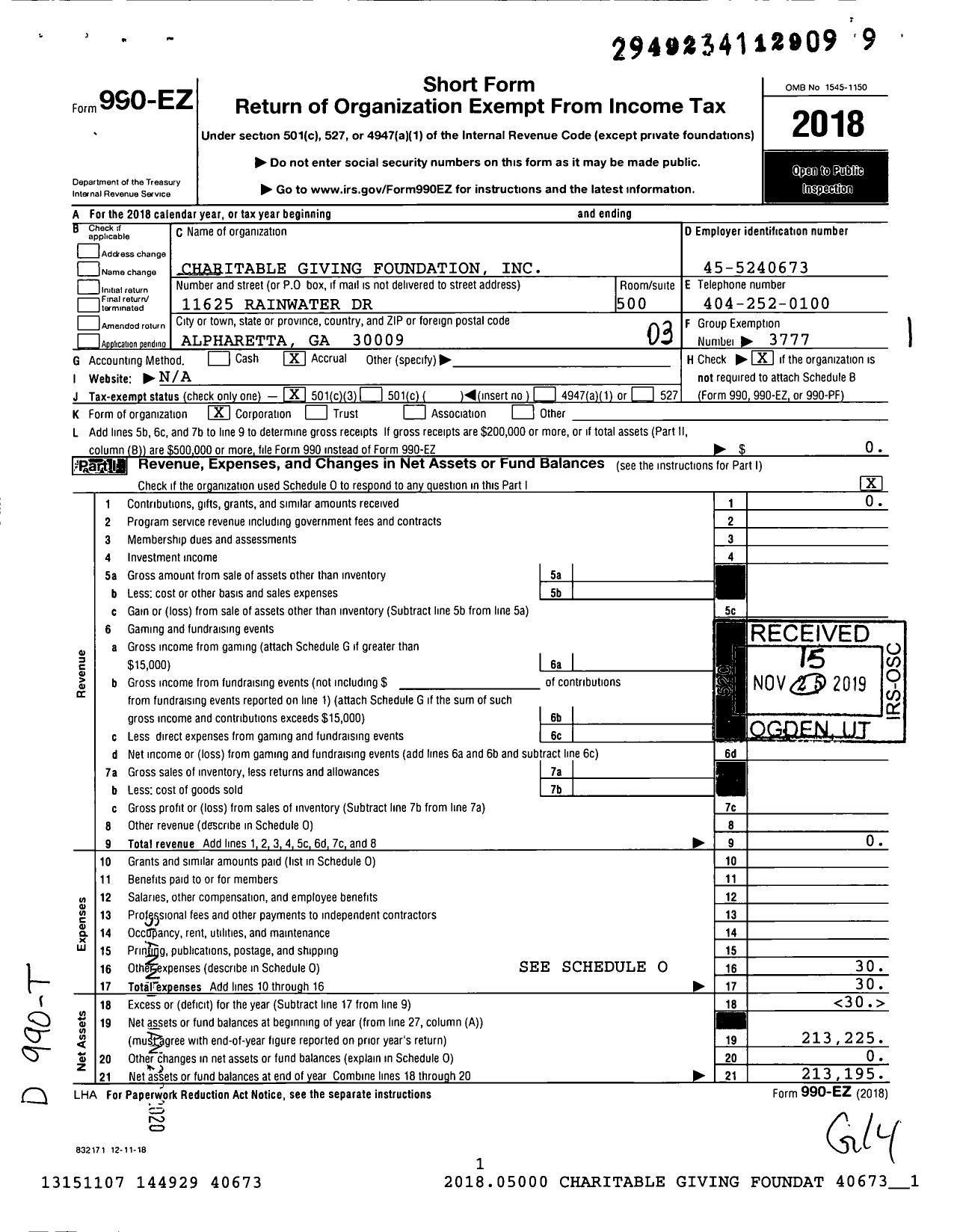 Image of first page of 2018 Form 990EZ for Charitable Giving Foundation