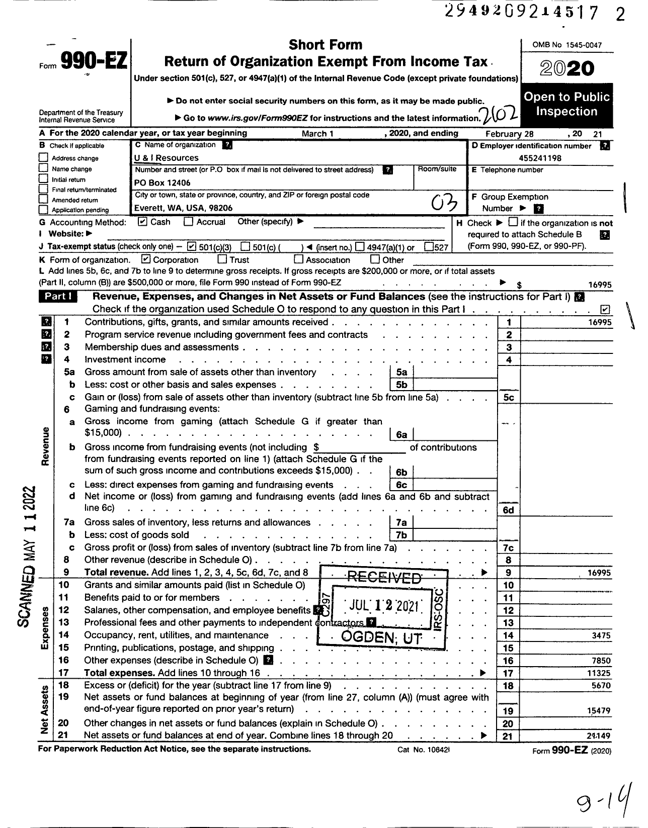 Image of first page of 2020 Form 990EZ for U and I Resources