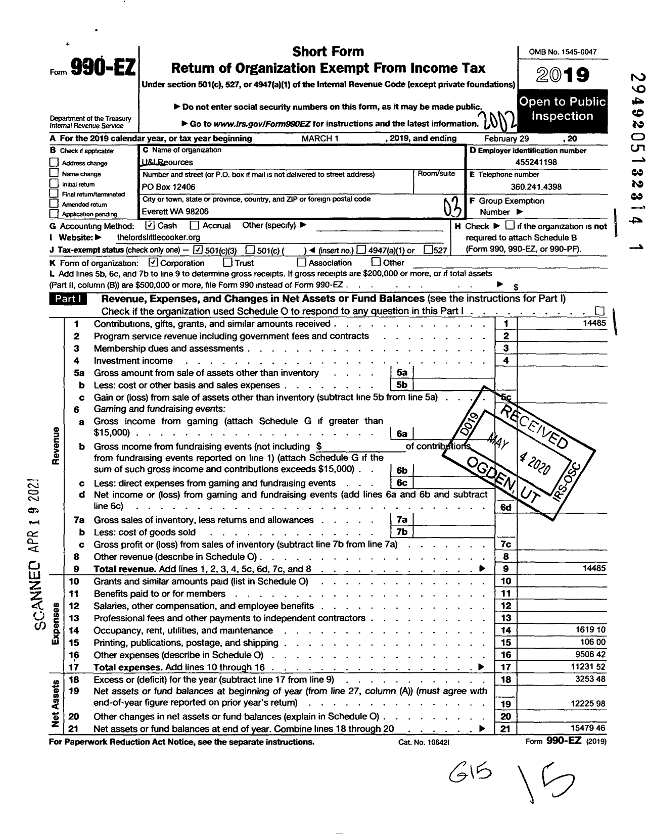 Image of first page of 2019 Form 990EZ for U and I Resources