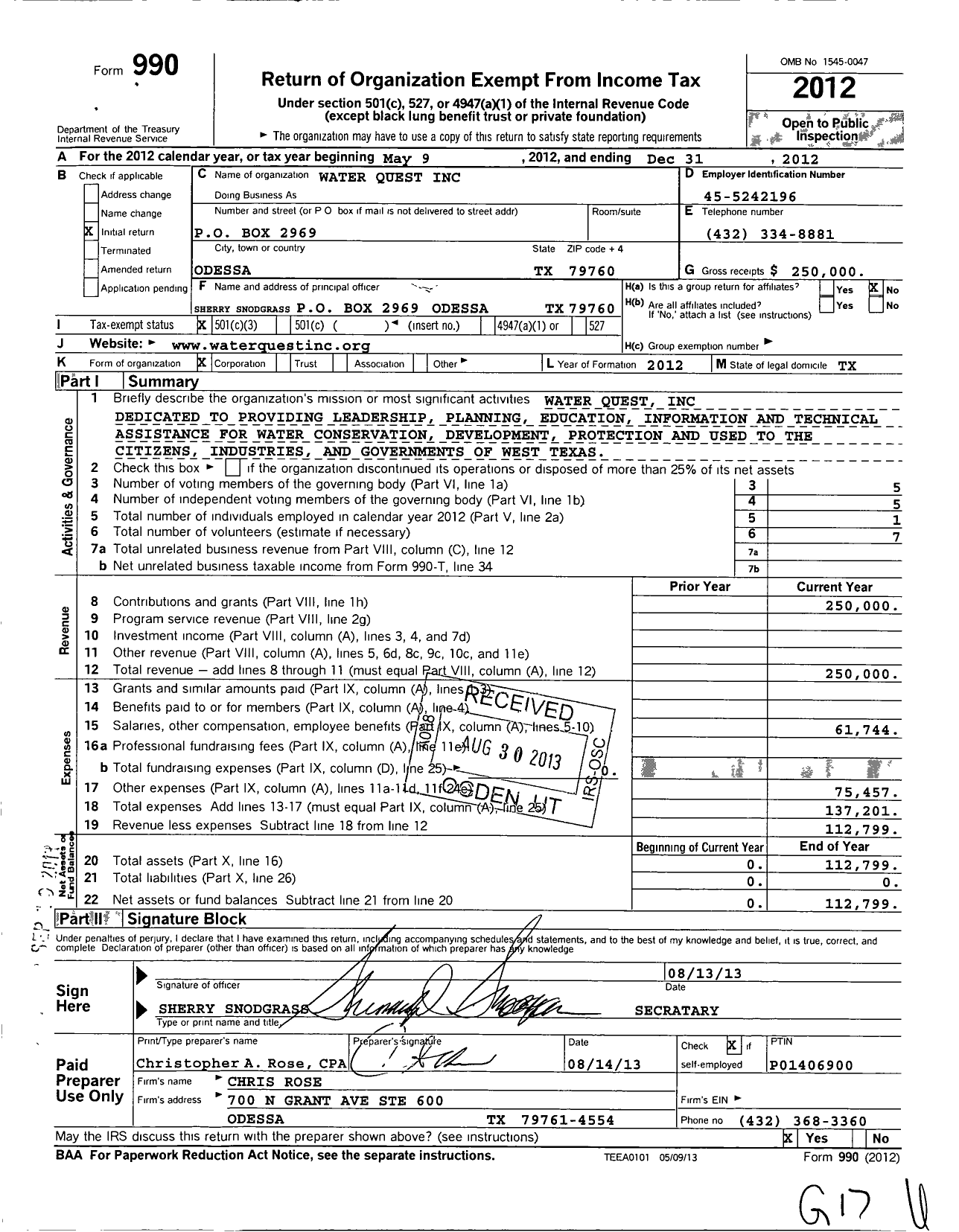 Image of first page of 2012 Form 990 for Water Quest