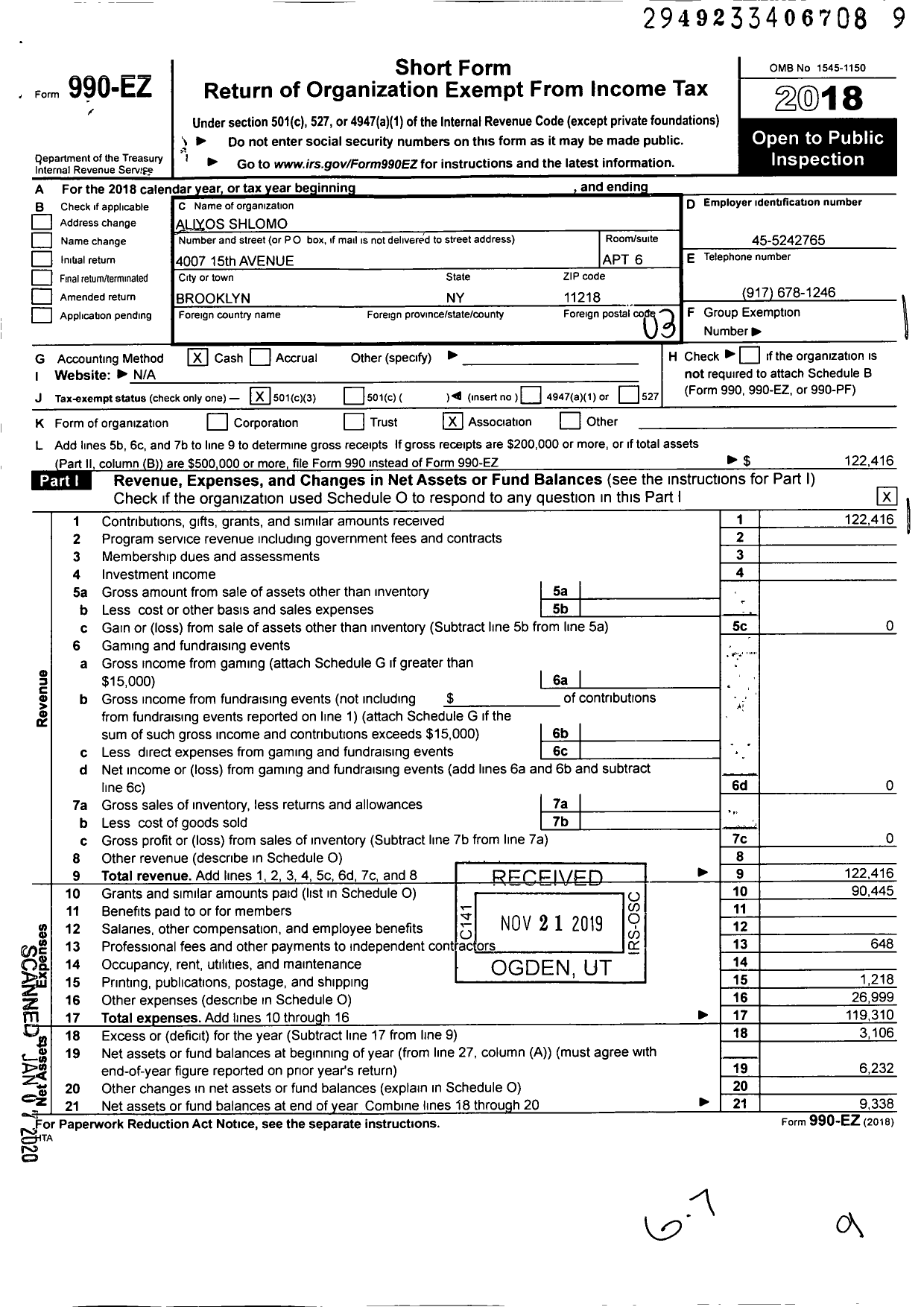 Image of first page of 2018 Form 990EZ for Aliyos Shlomo