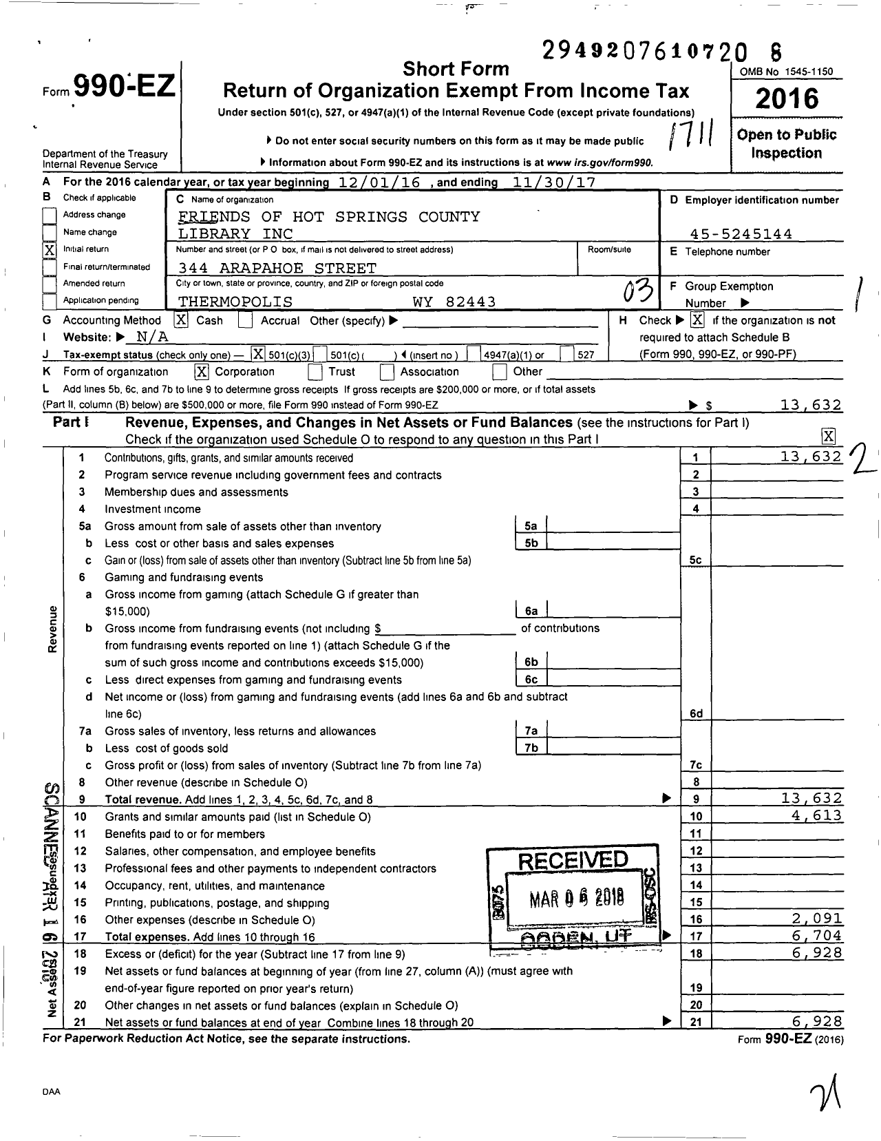 Image of first page of 2016 Form 990EZ for Friends of Hot Springs County Library