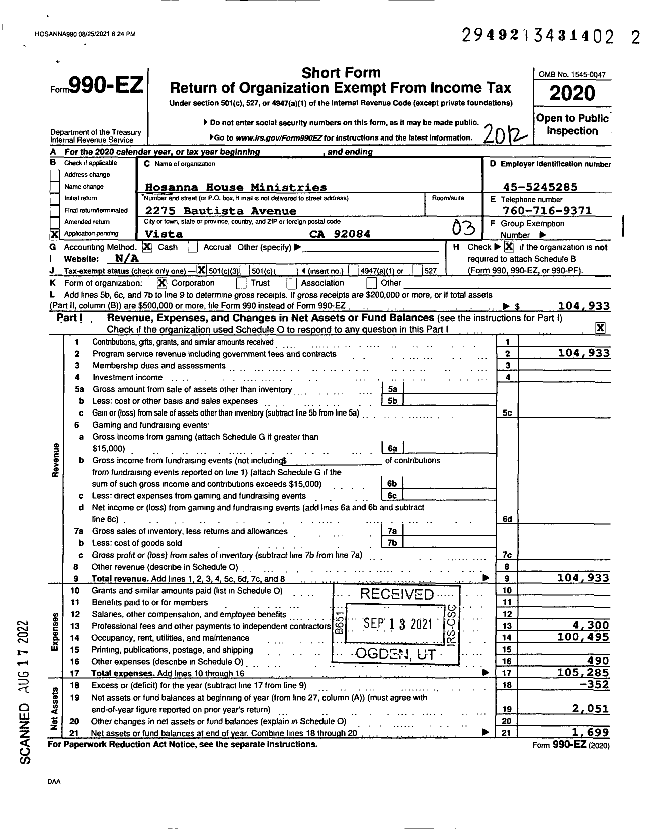 Image of first page of 2020 Form 990EZ for Hosanna House Ministries
