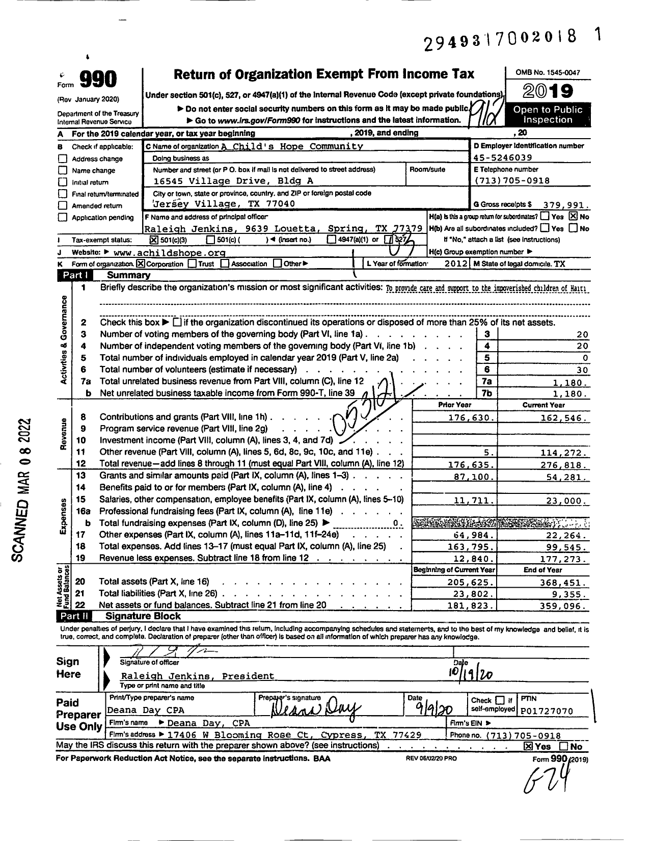 Image of first page of 2019 Form 990 for A Child's Hope Community