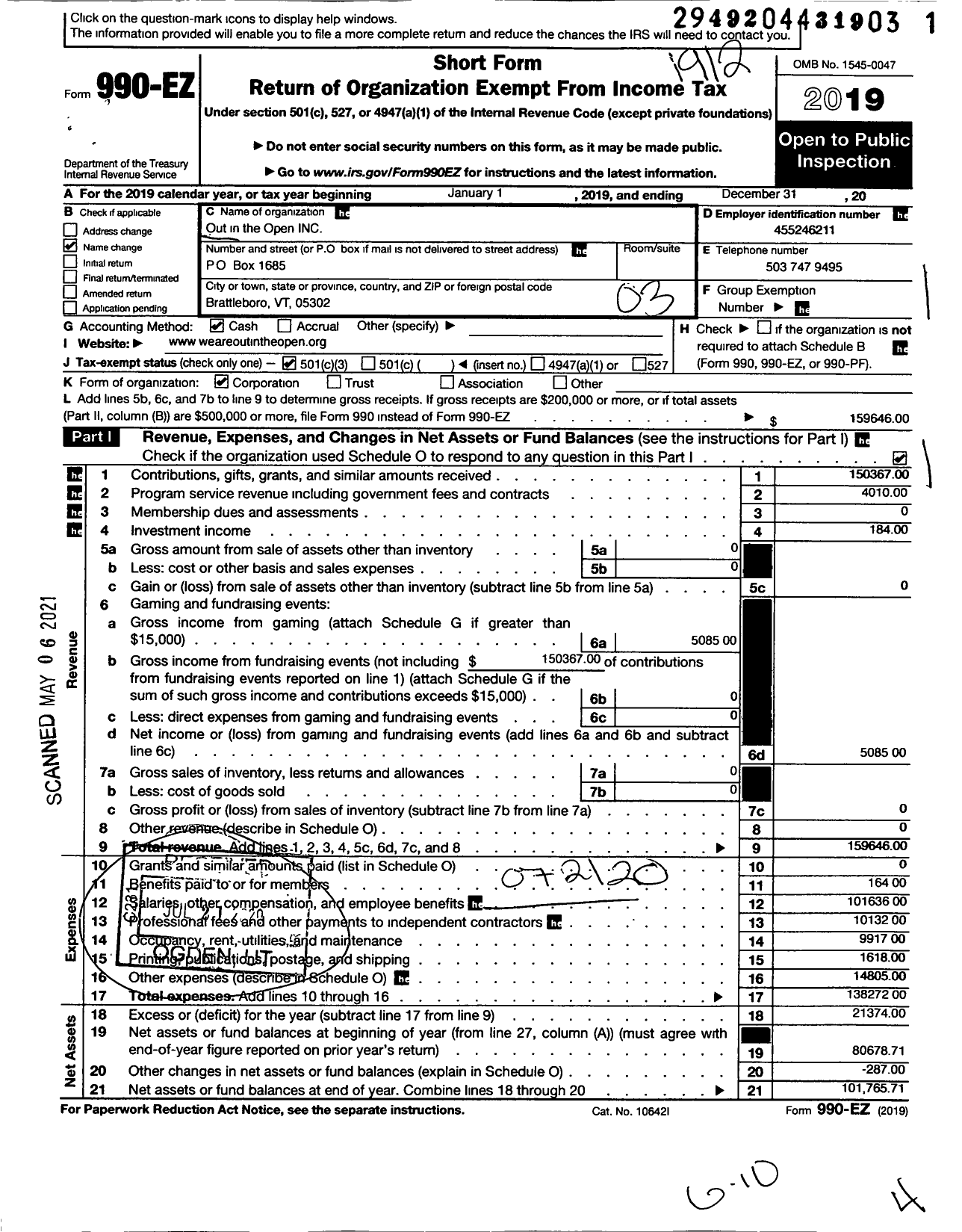 Image of first page of 2019 Form 990EZ for Out in the Open