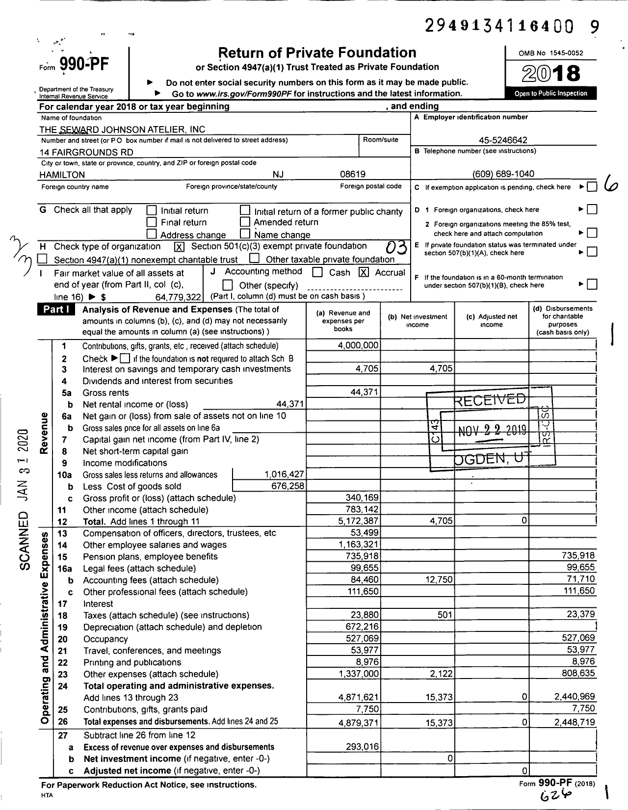 Image of first page of 2018 Form 990PF for The Seward Johnson Atelier