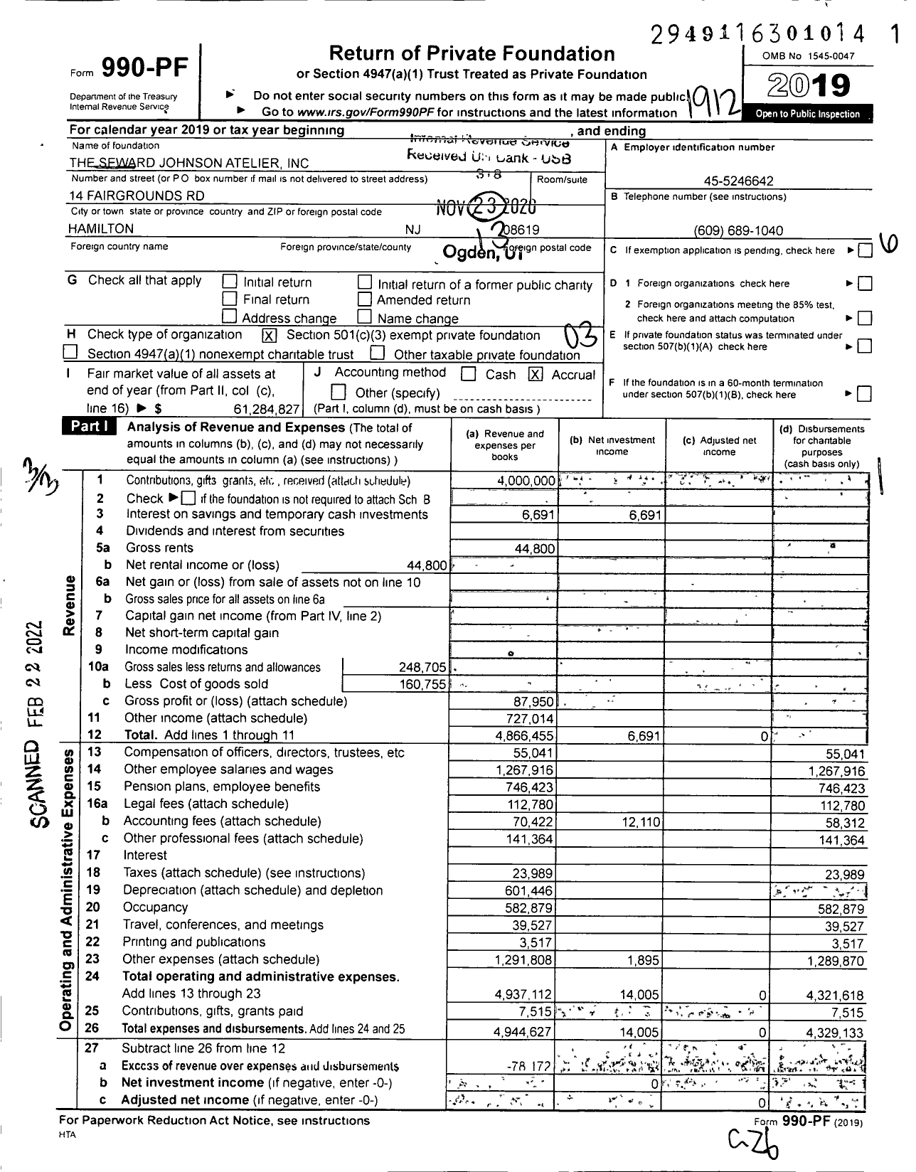 Image of first page of 2019 Form 990PF for The Seward Johnson Atelier