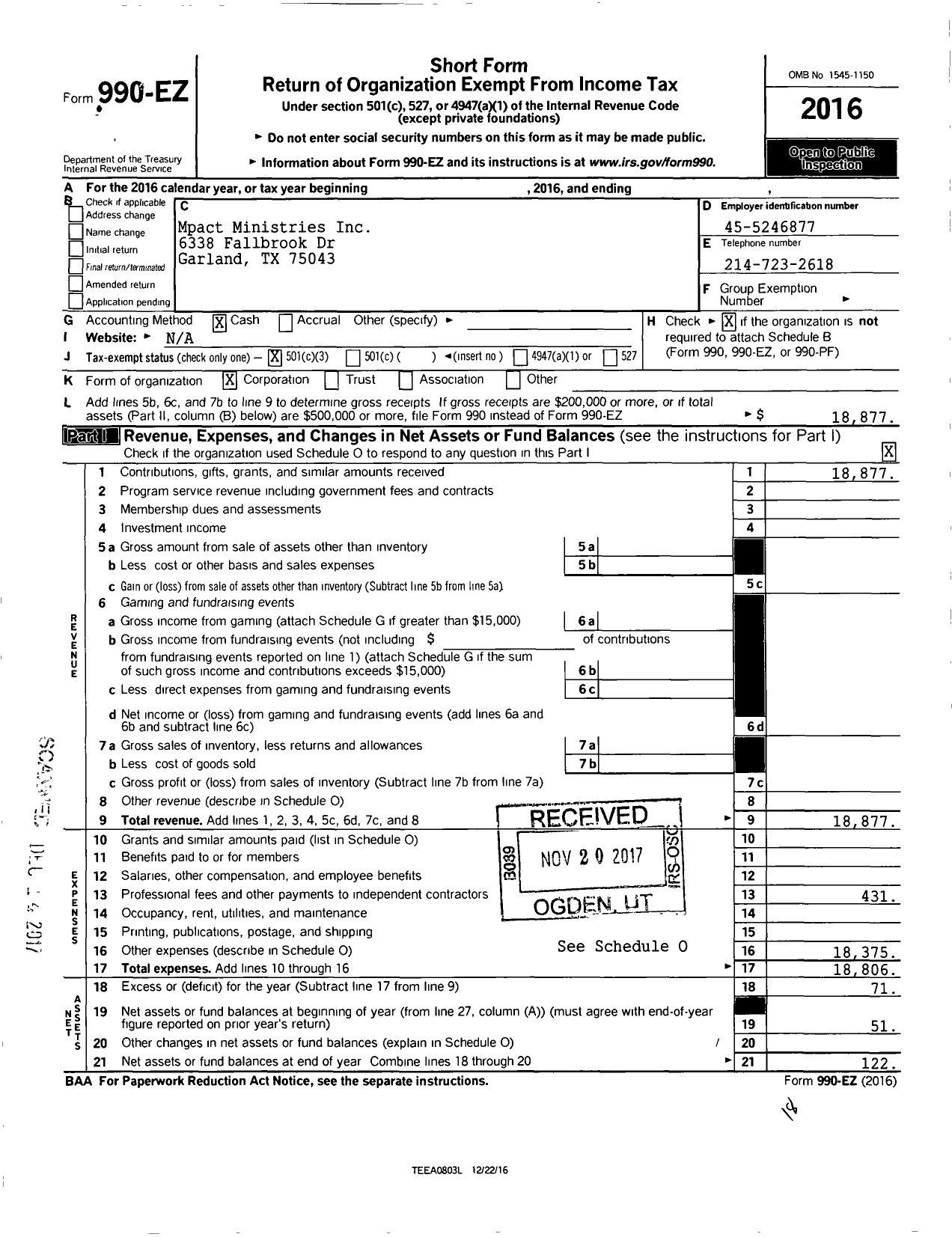 Image of first page of 2016 Form 990EZ for Mpact Ministries