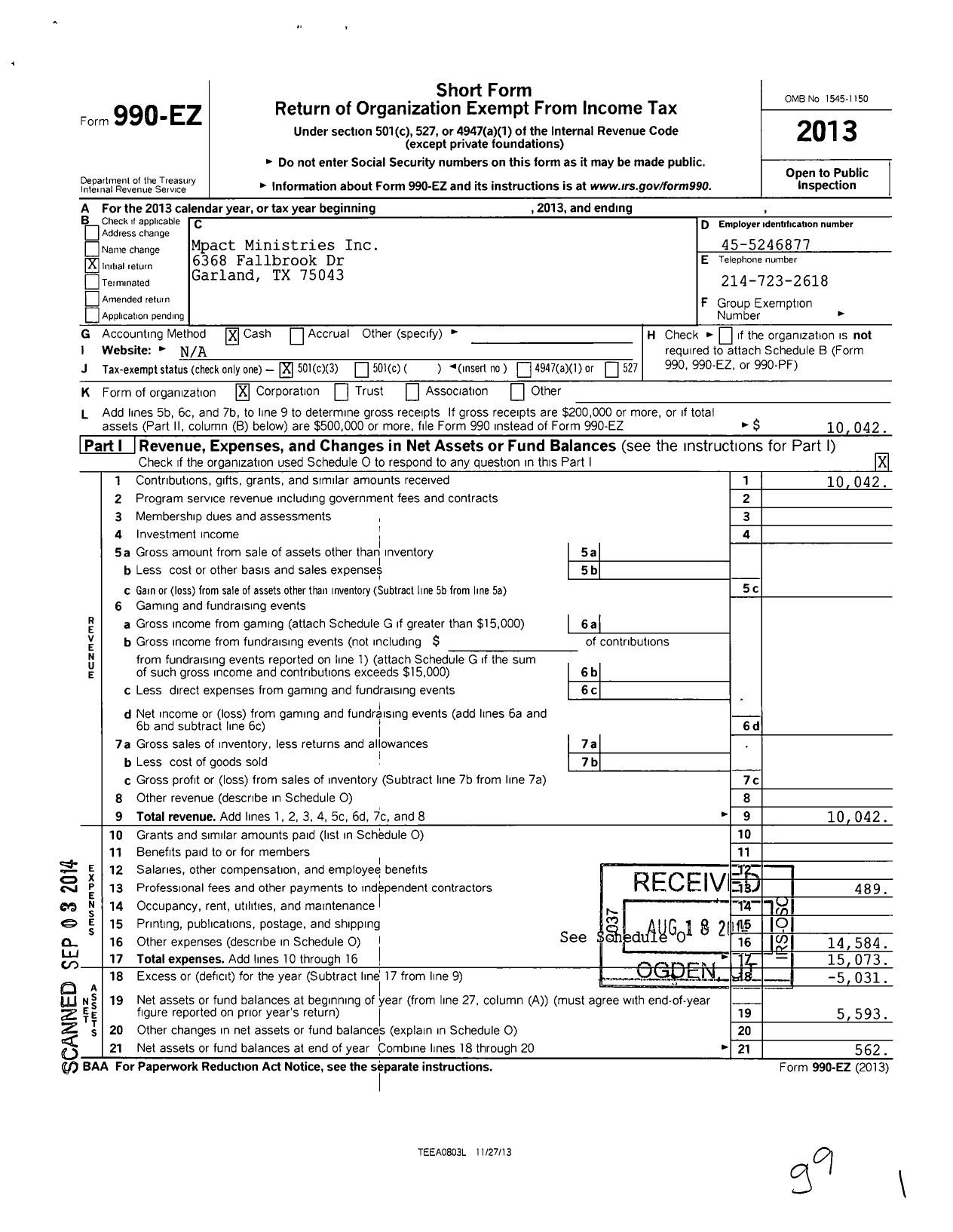 Image of first page of 2013 Form 990EZ for Mpact Ministries