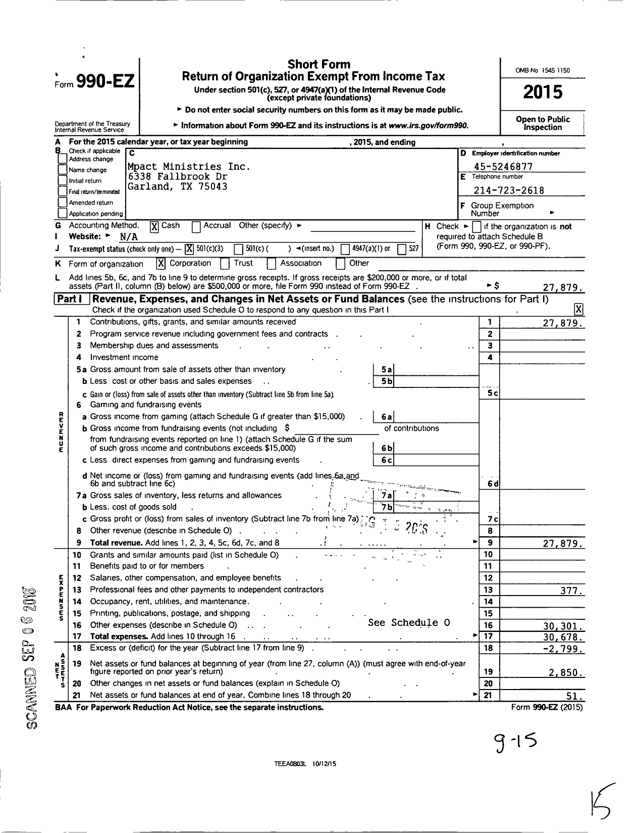 Image of first page of 2015 Form 990EZ for Mpact Ministries