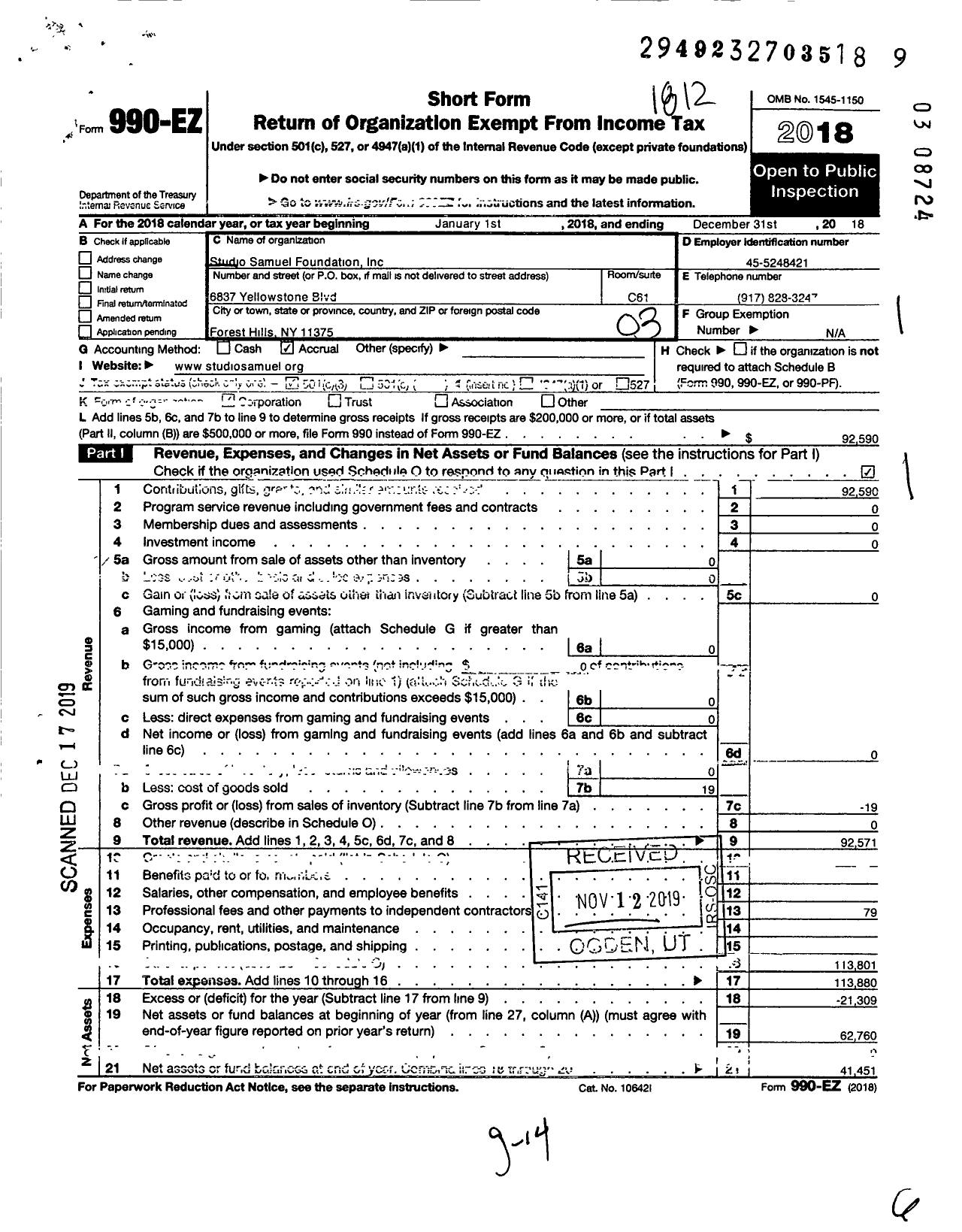 Image of first page of 2018 Form 990EZ for Studio Samuel Foundation