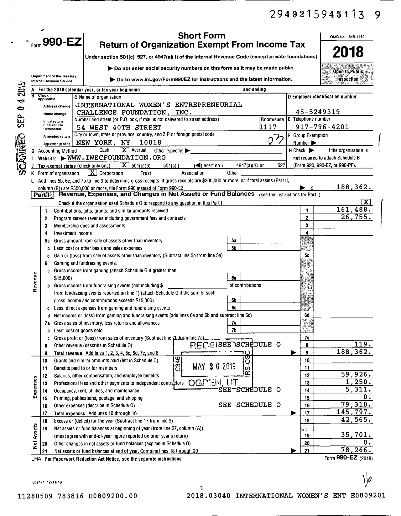 Image of first page of 2018 Form 990EZ for International Women's Entrepreneurial Challenge Foundation