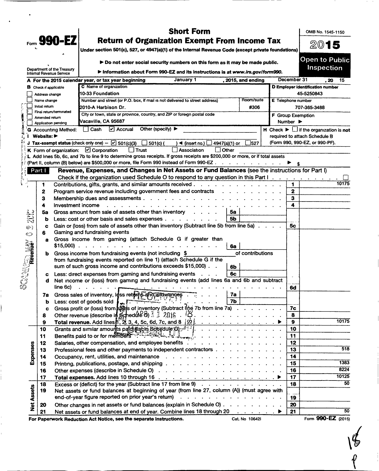 Image of first page of 2015 Form 990EZ for 10-33 Foundation