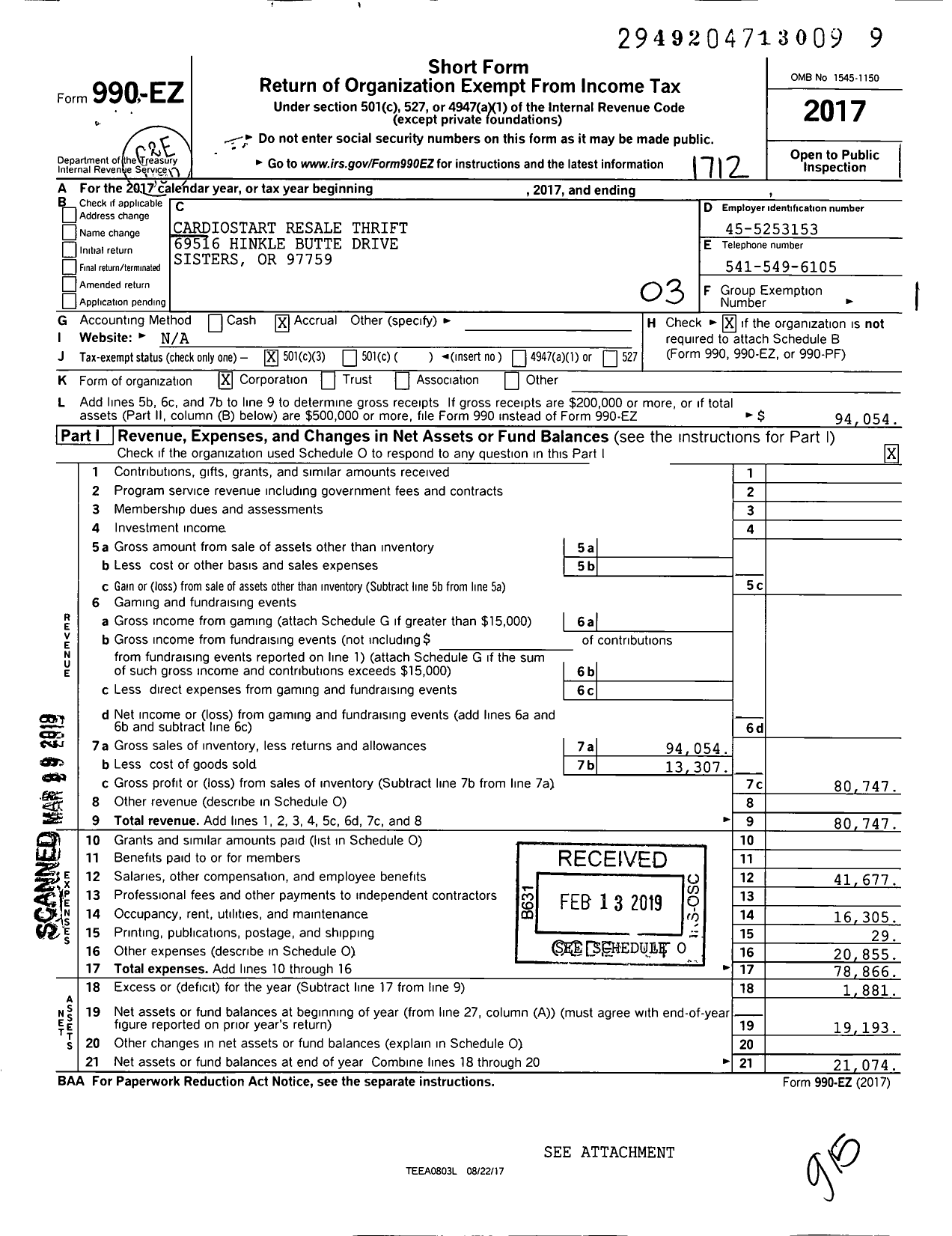 Image of first page of 2017 Form 990EZ for Cardiostart Resale Thrift