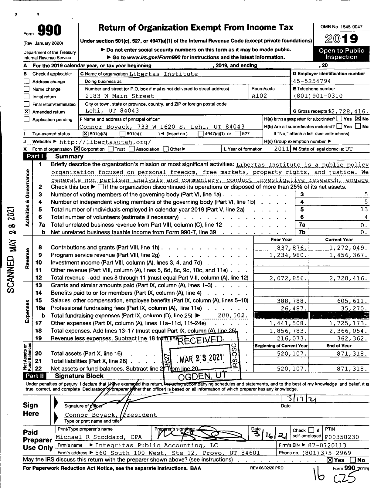 Image of first page of 2019 Form 990A for Libertas Institute