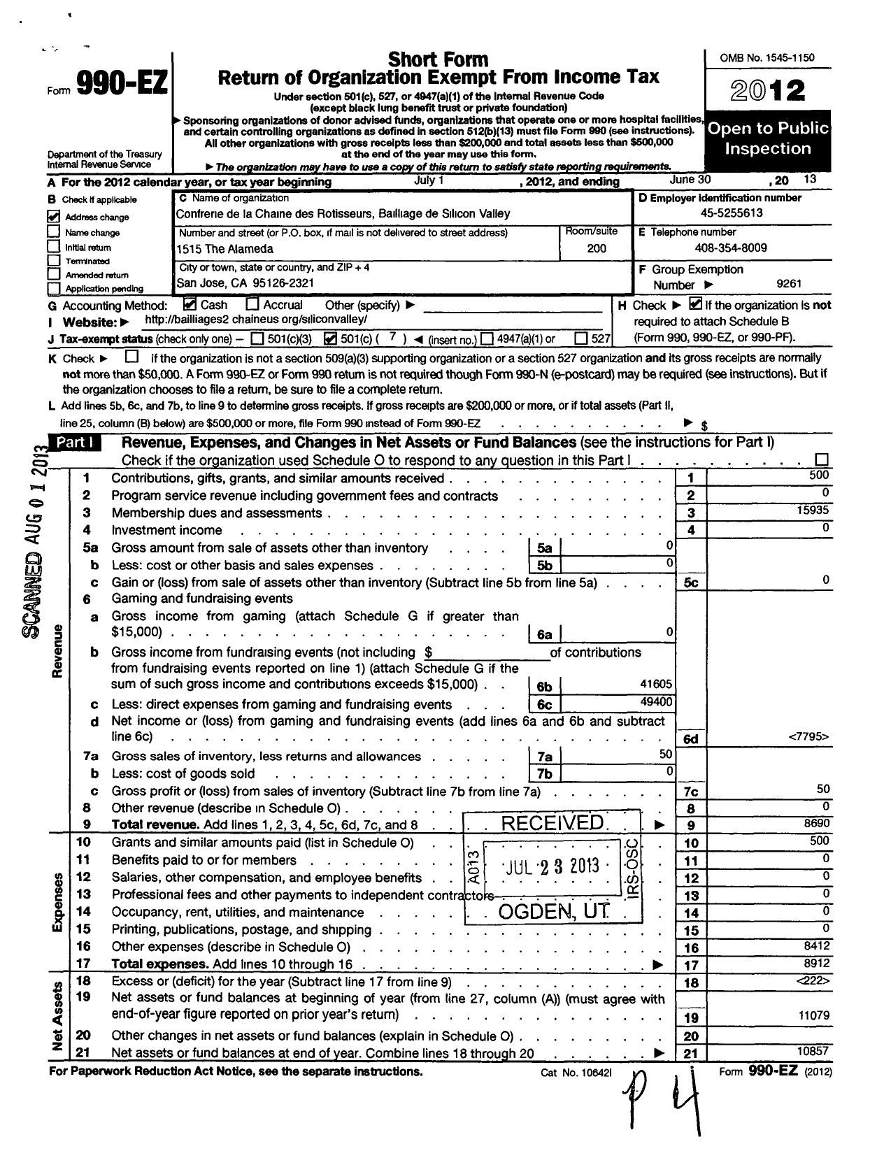 Image of first page of 2012 Form 990EO for Conferie de La Chaine Des Rotisseurs