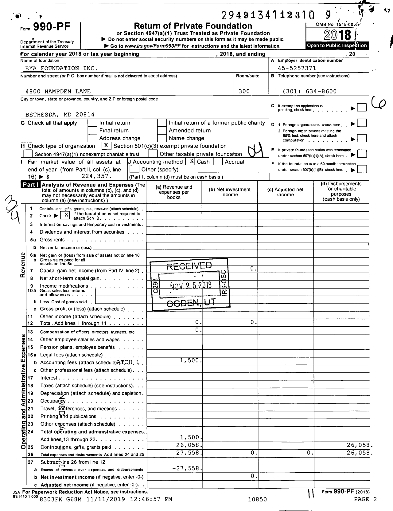 Image of first page of 2018 Form 990PF for Eya Foundation