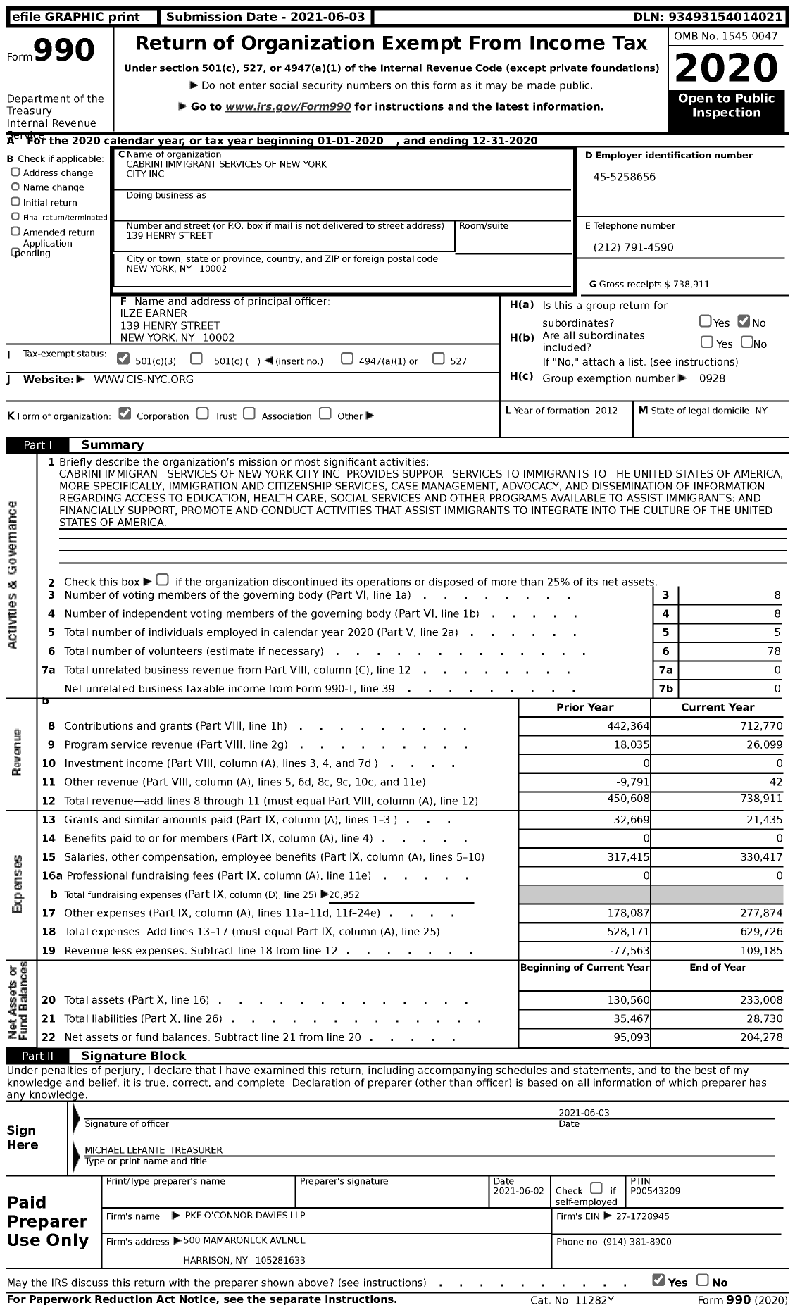 Image of first page of 2020 Form 990 for Cabrini Immigrant Services of New York City