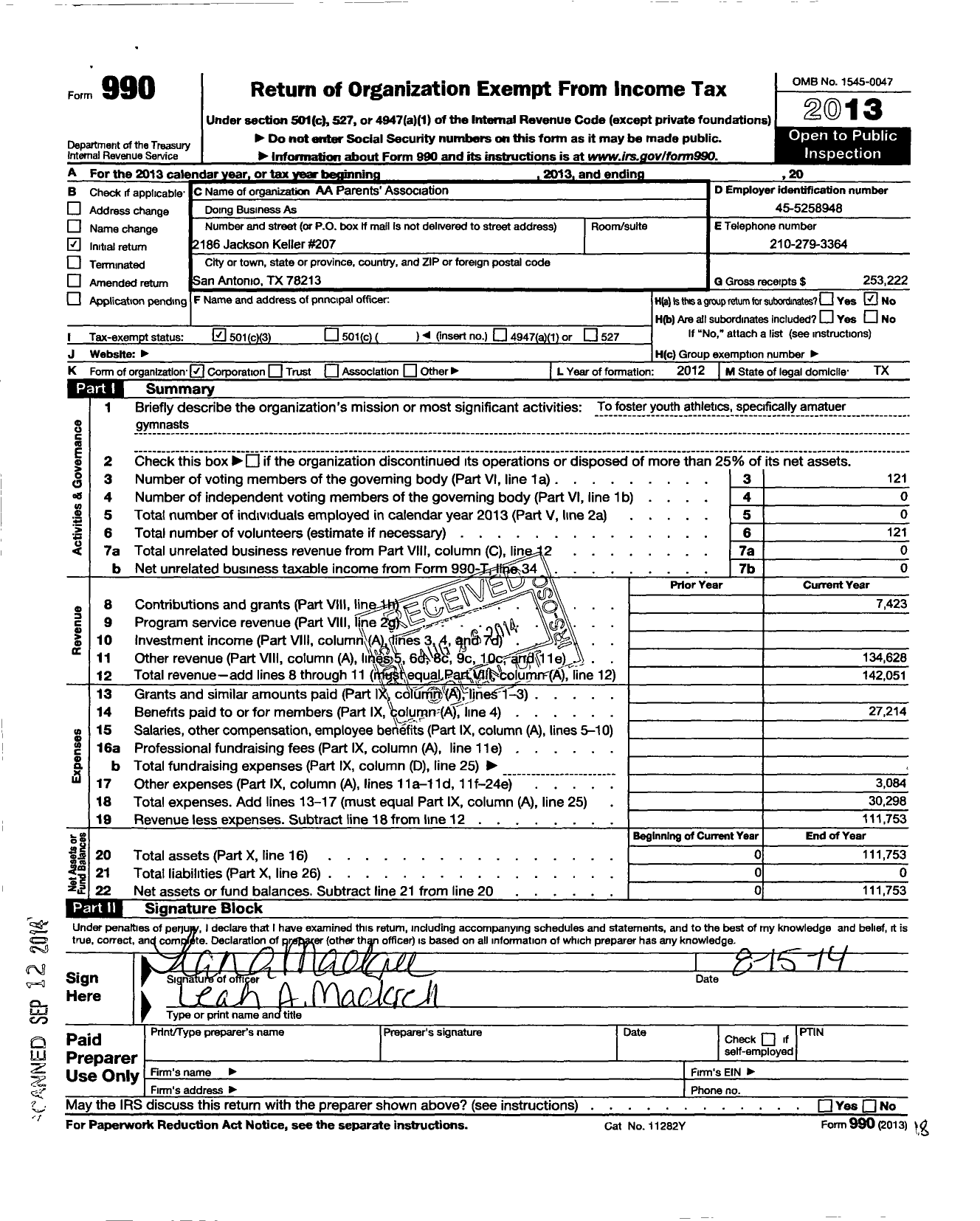 Image of first page of 2013 Form 990 for AA Parent's Association