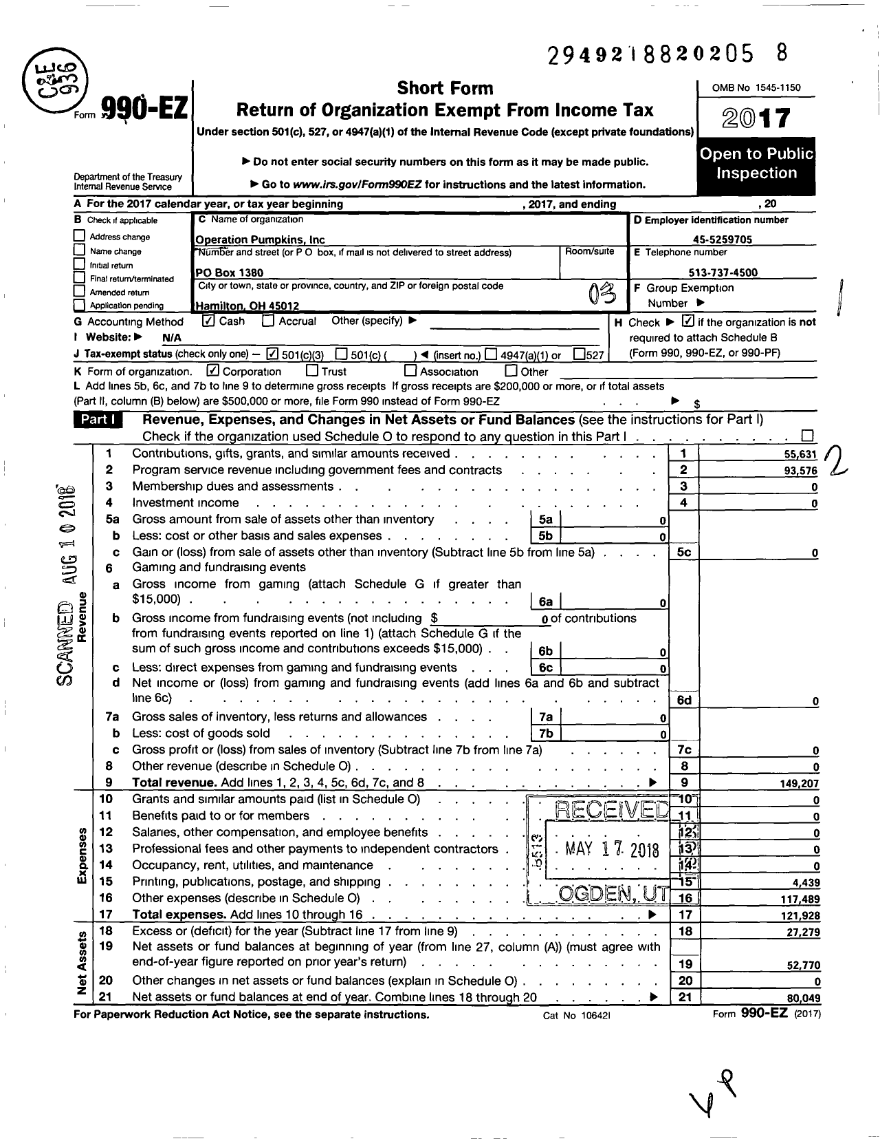 Image of first page of 2017 Form 990EZ for Operation Pumpkins