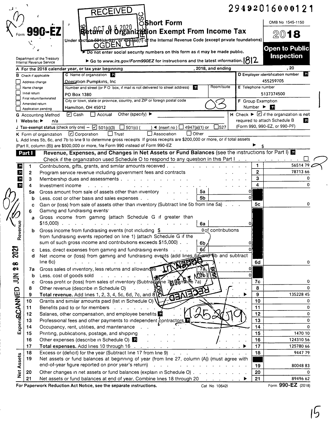 Image of first page of 2018 Form 990EZ for Operation Pumpkins