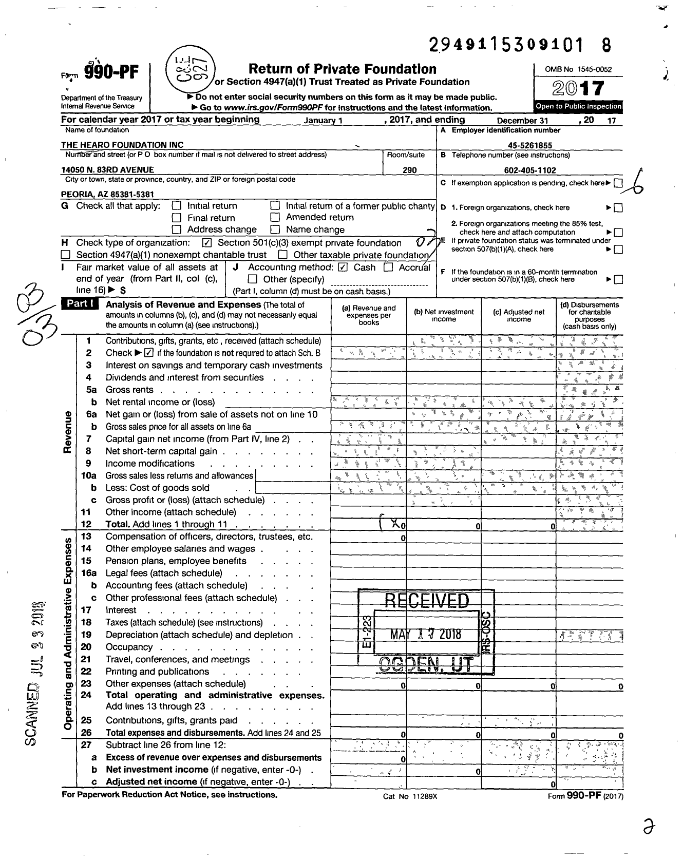 Image of first page of 2017 Form 990PF for The Hearo Foundation