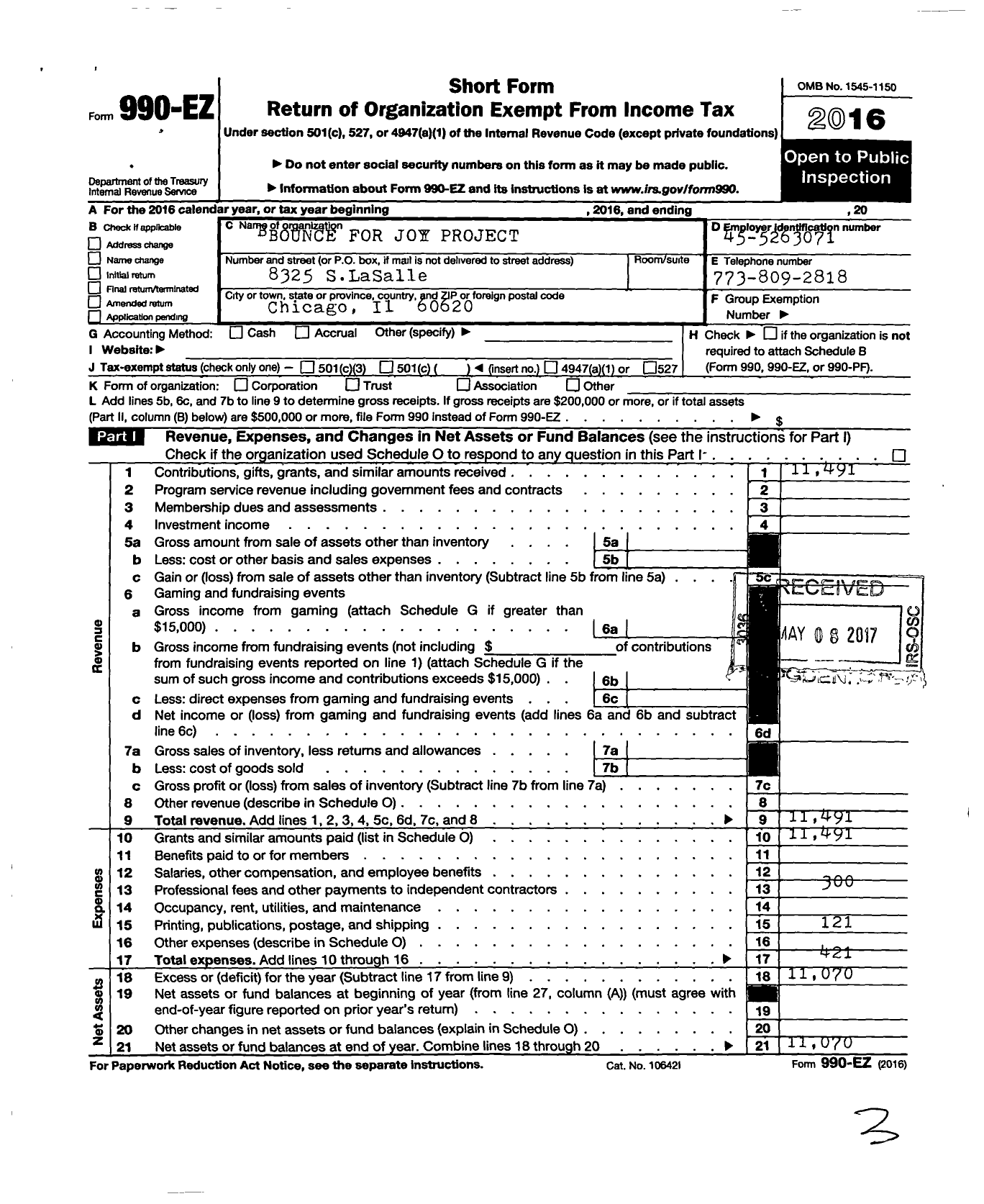 Image of first page of 2016 Form 990EO for Bounce for Joy Project