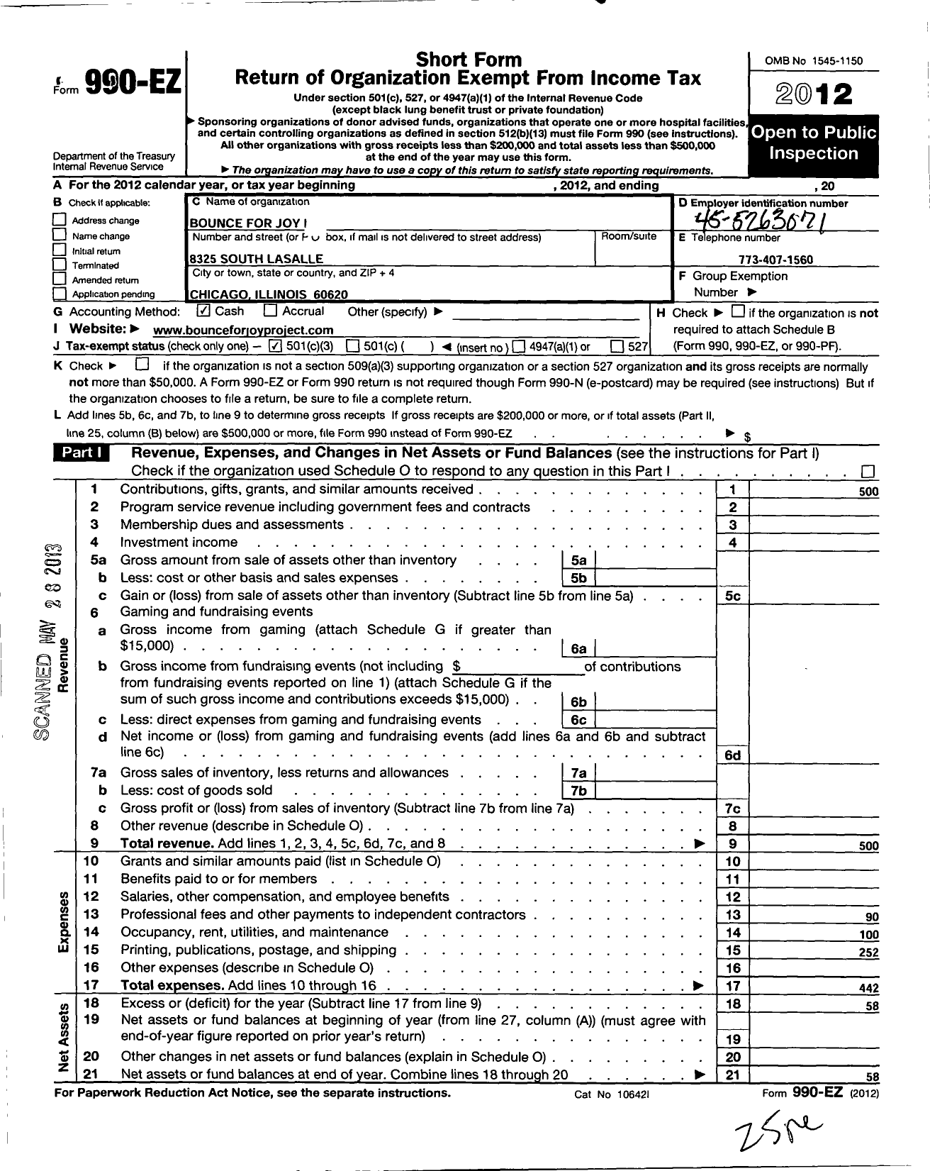 Image of first page of 2012 Form 990EZ for Bounce for Joy Project