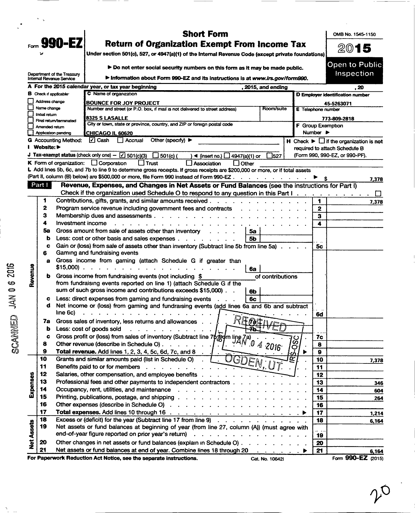 Image of first page of 2015 Form 990EZ for Bounce for Joy Project