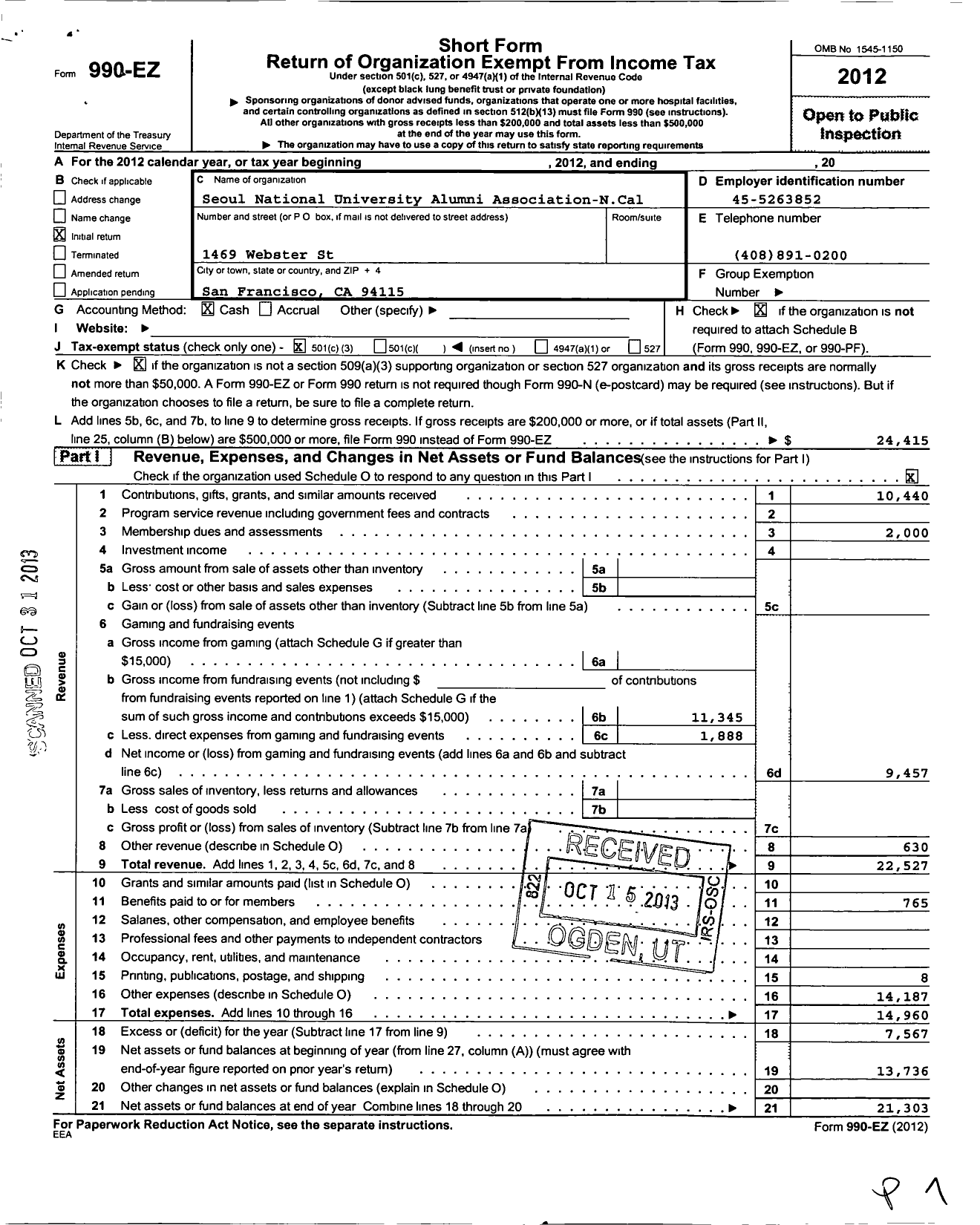 Image of first page of 2012 Form 990EZ for Seoul National University Alumni