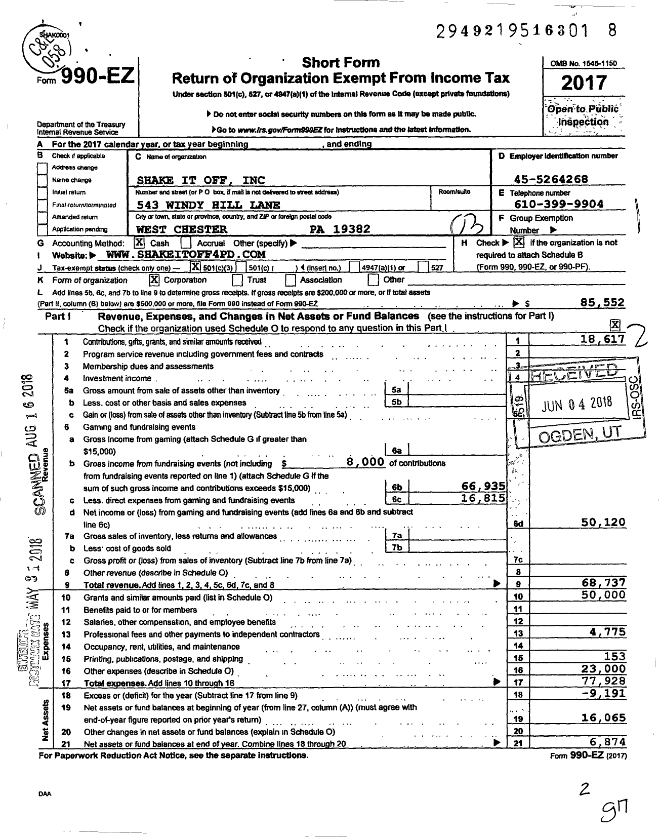 Image of first page of 2017 Form 990EZ for Shake It Off