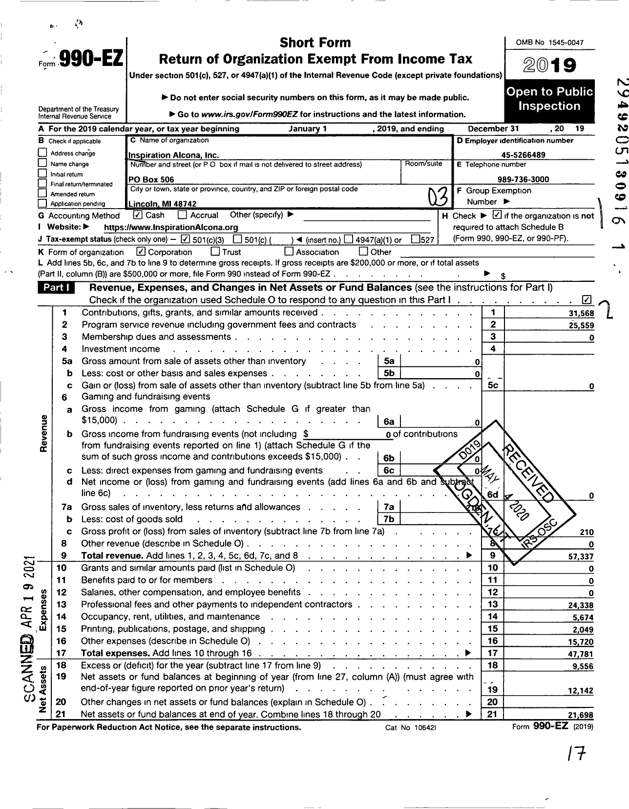 Image of first page of 2019 Form 990EZ for Inspiration Alcona