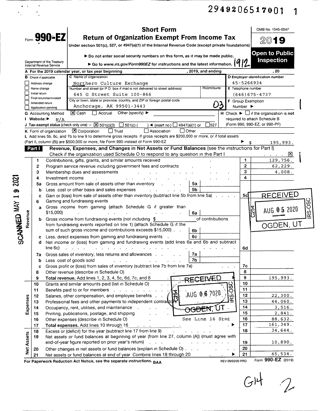 Image of first page of 2019 Form 990EZ for Northen Culture Exchange