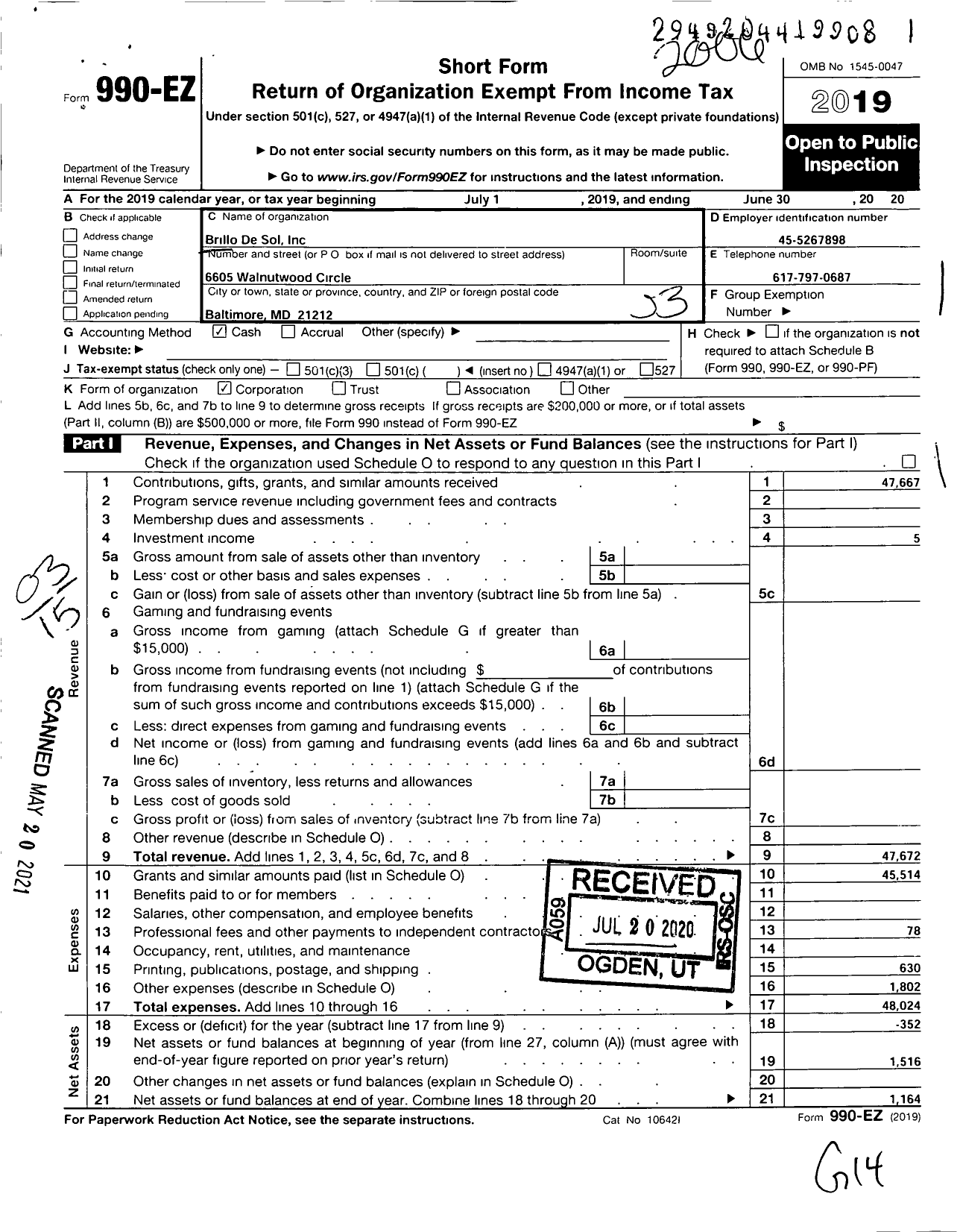 Image of first page of 2019 Form 990EZ for Brillo de Sol