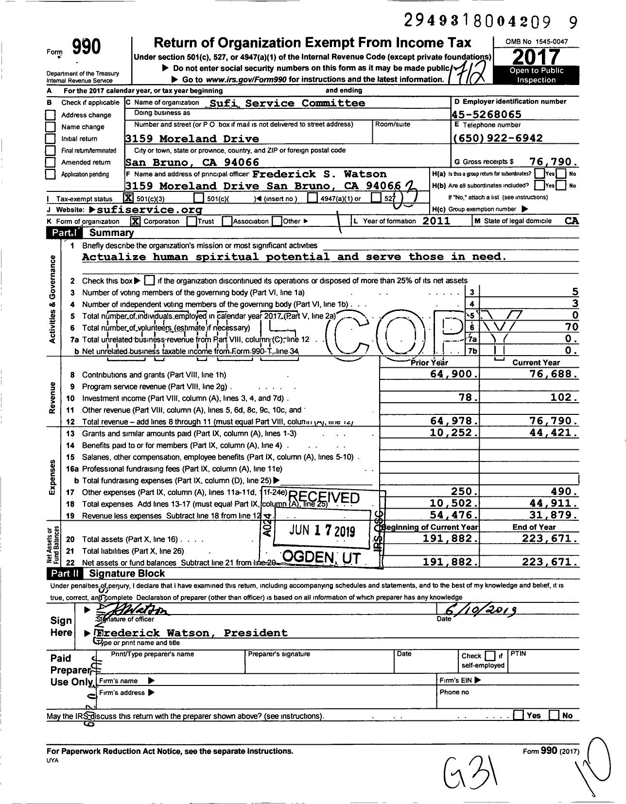 Image of first page of 2017 Form 990 for Sufi Service Committee