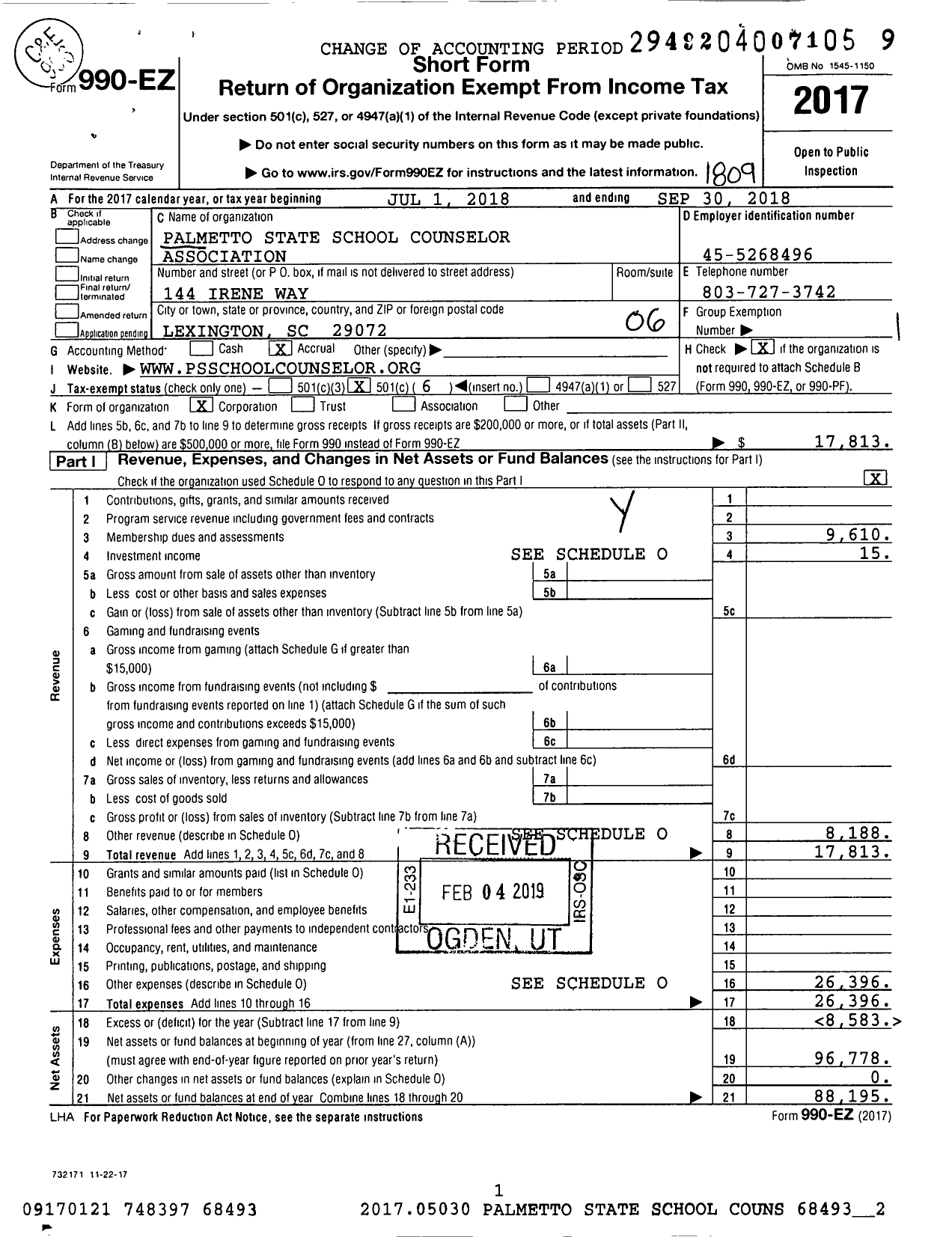 Image of first page of 2017 Form 990EO for Palmetto School Counselor Association