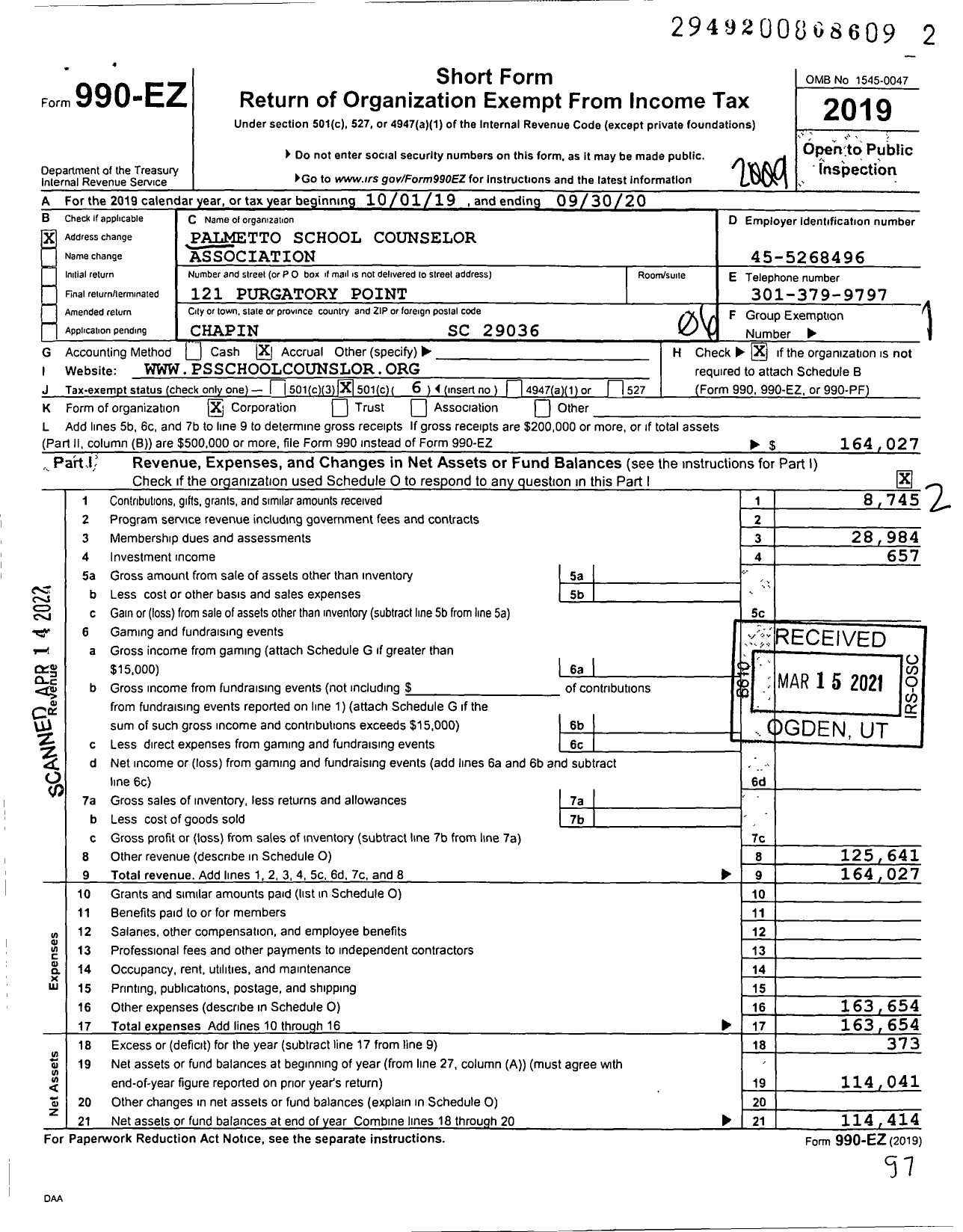 Image of first page of 2019 Form 990EO for Palmetto School Counselor Association