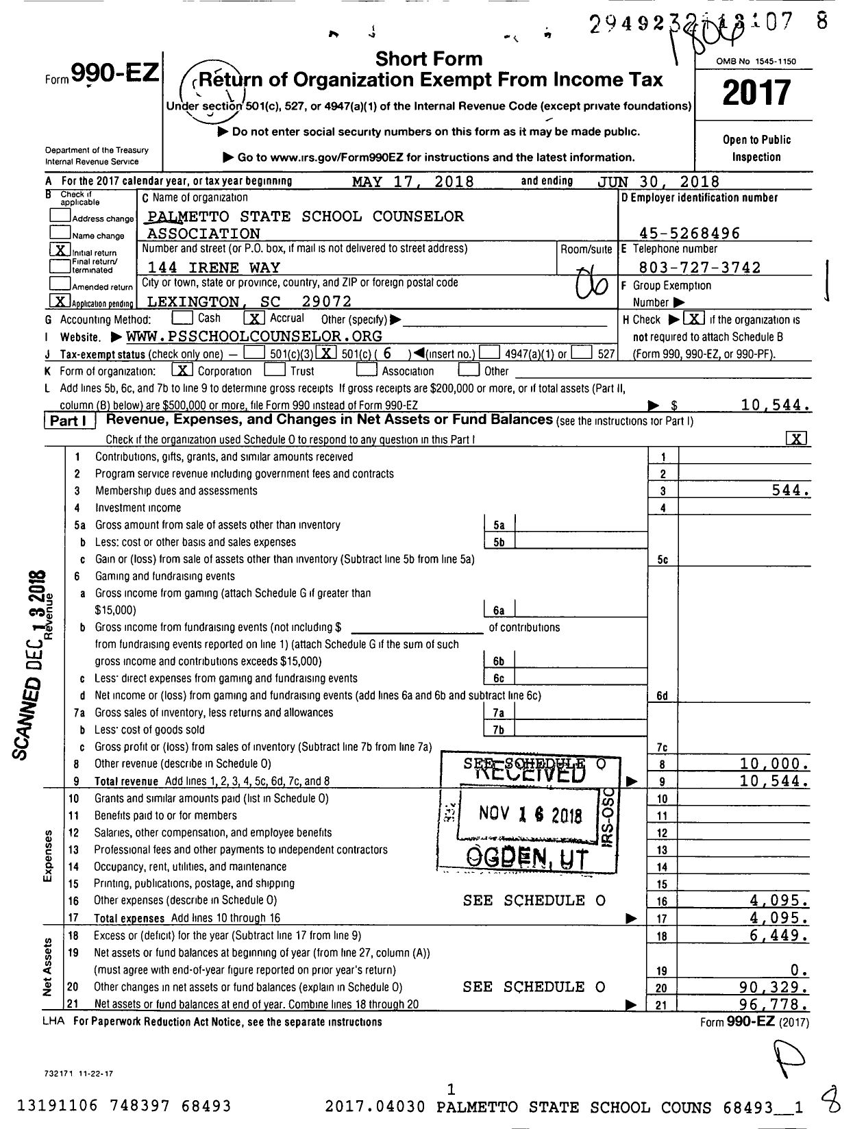 Image of first page of 2017 Form 990EO for Palmetto School Counselor Association