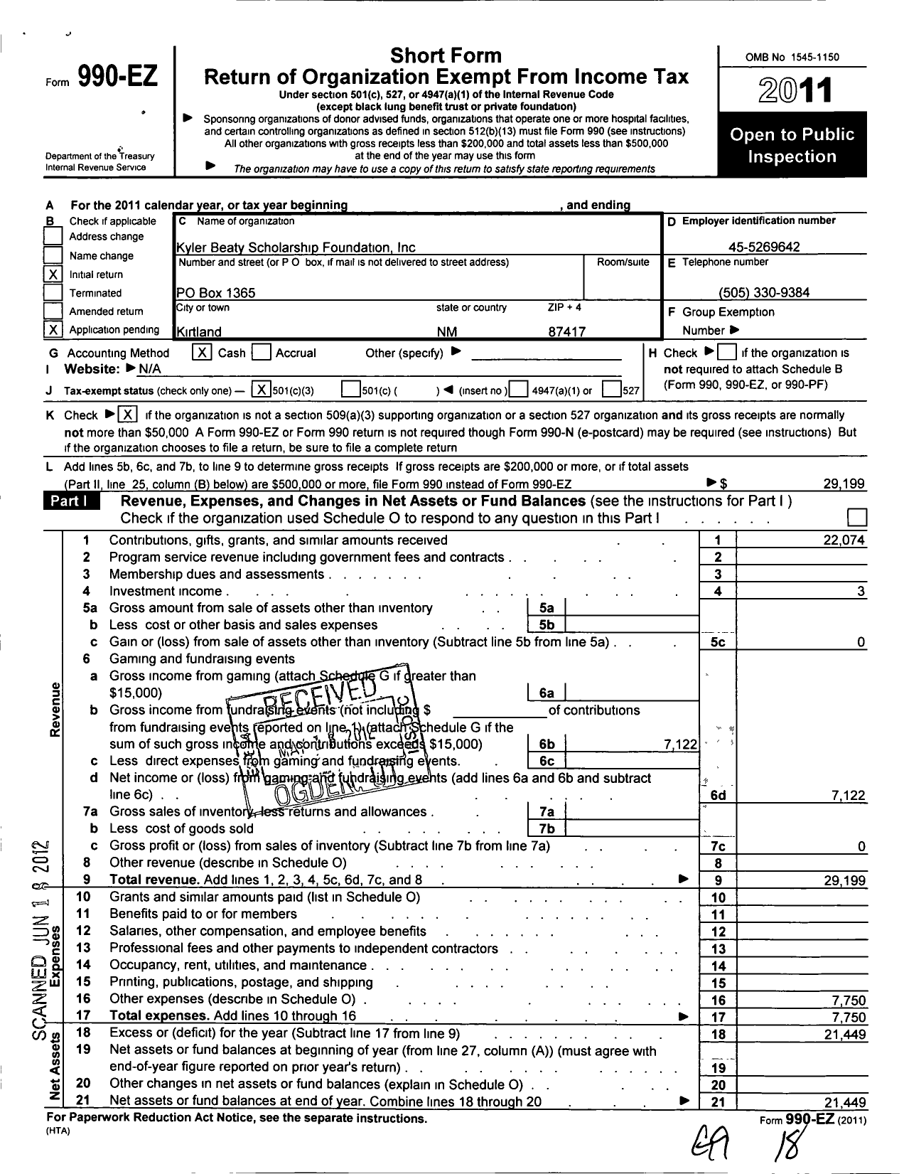 Image of first page of 2011 Form 990EZ for Kyler Beaty Scholarship Foundation