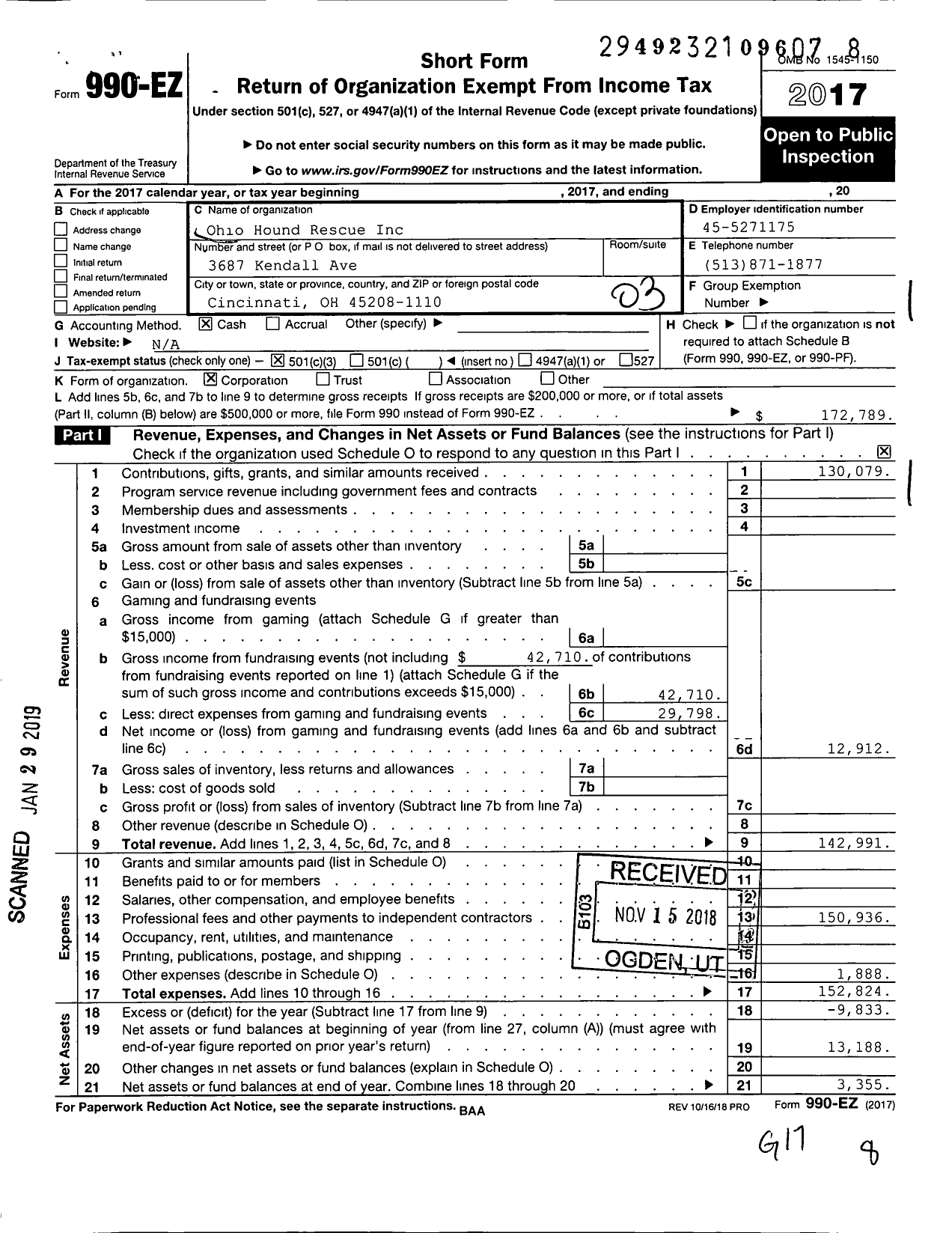 Image of first page of 2017 Form 990EZ for Ohio Hound Rescue