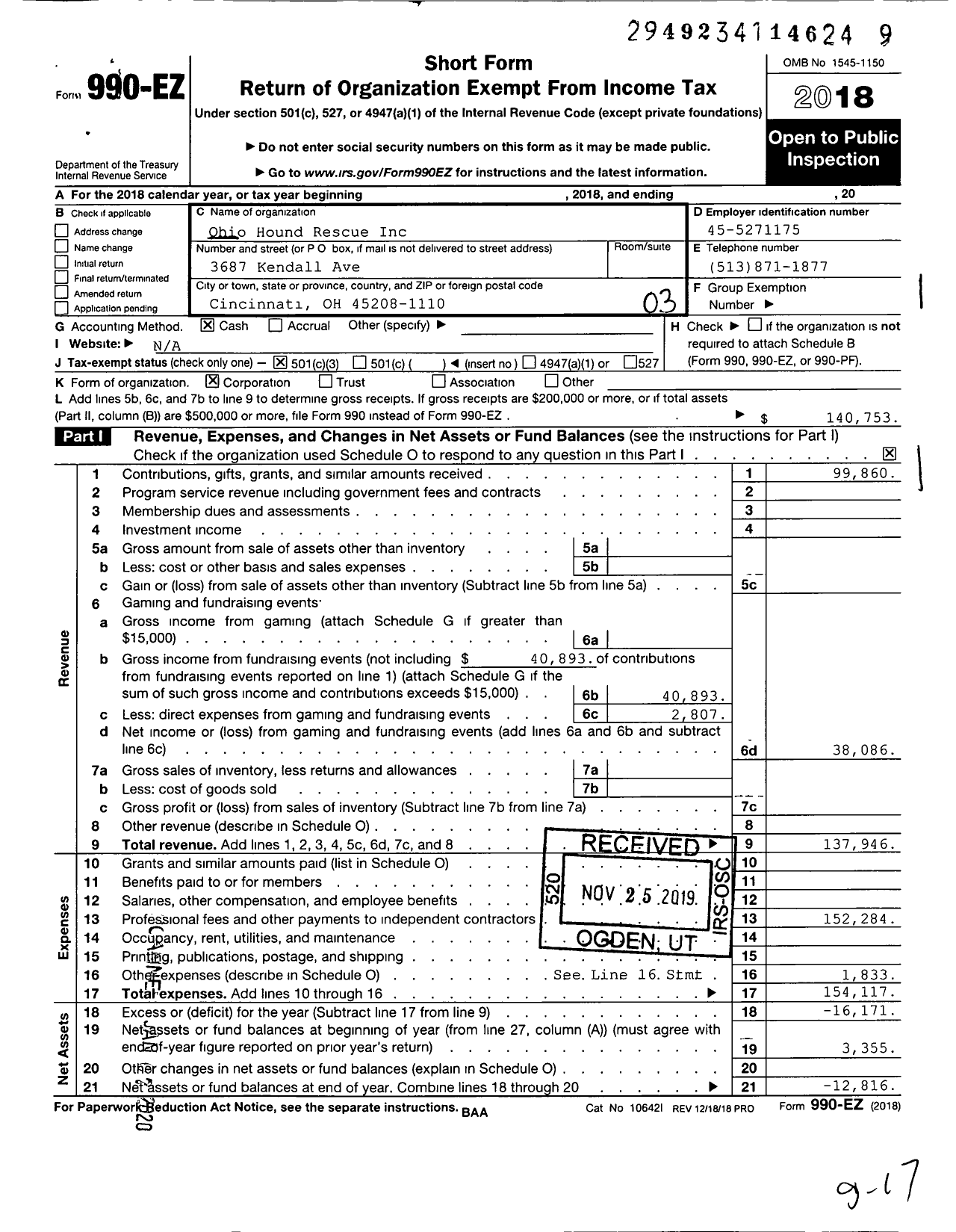 Image of first page of 2018 Form 990EZ for Ohio Hound Rescue