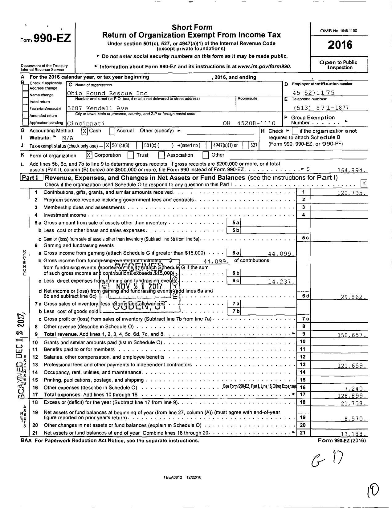 Image of first page of 2016 Form 990EZ for Ohio Hound Rescue