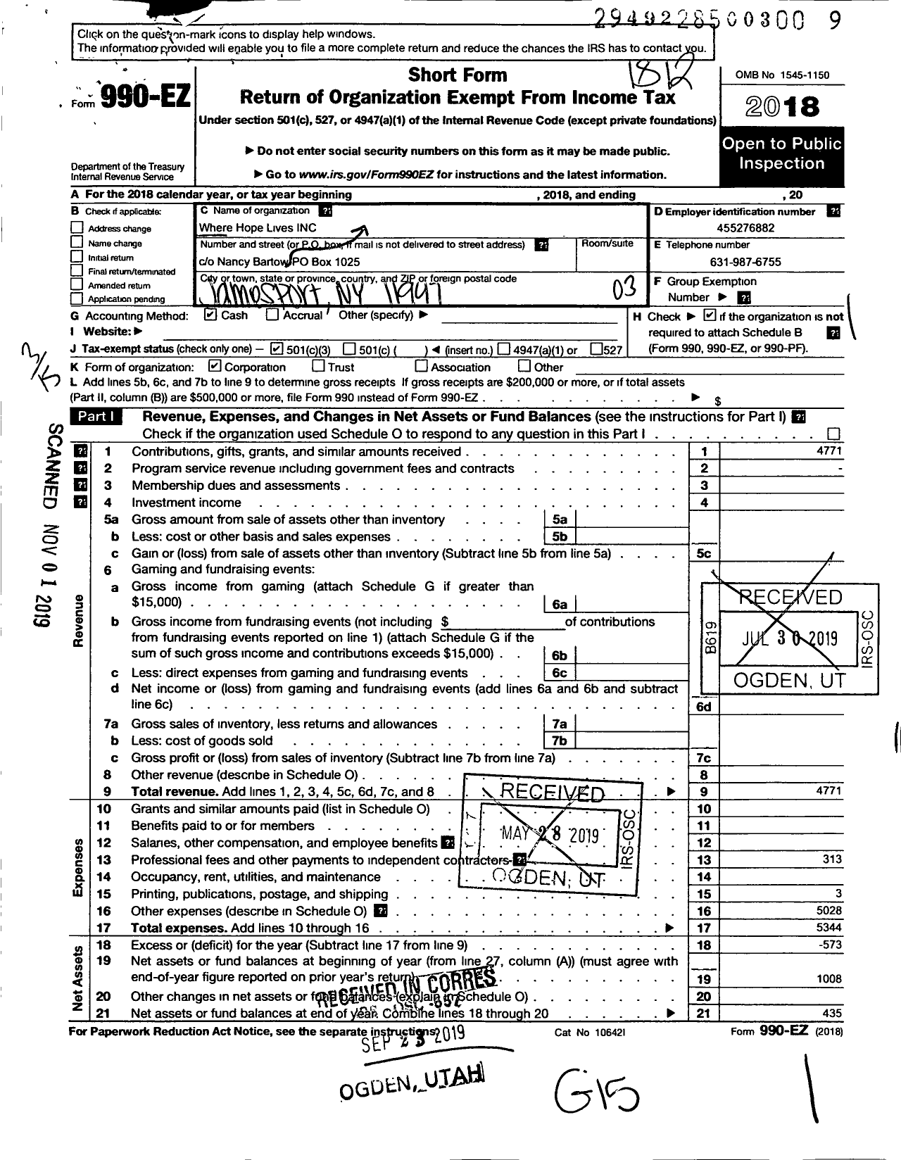 Image of first page of 2018 Form 990EZ for Where Hope Lives