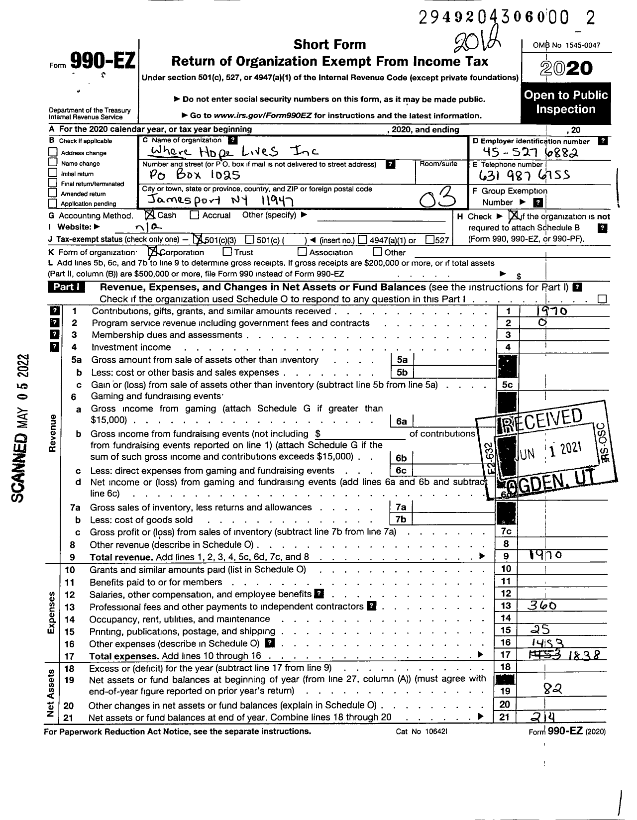 Image of first page of 2020 Form 990EZ for Where Hope Lives