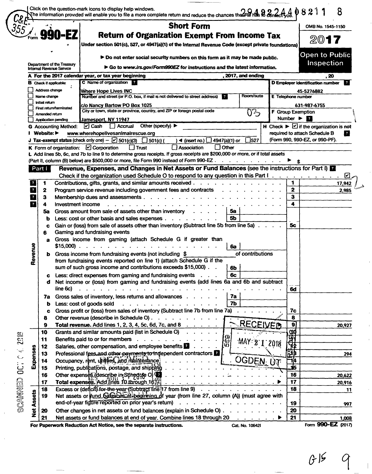 Image of first page of 2017 Form 990EZ for Where Hope Lives