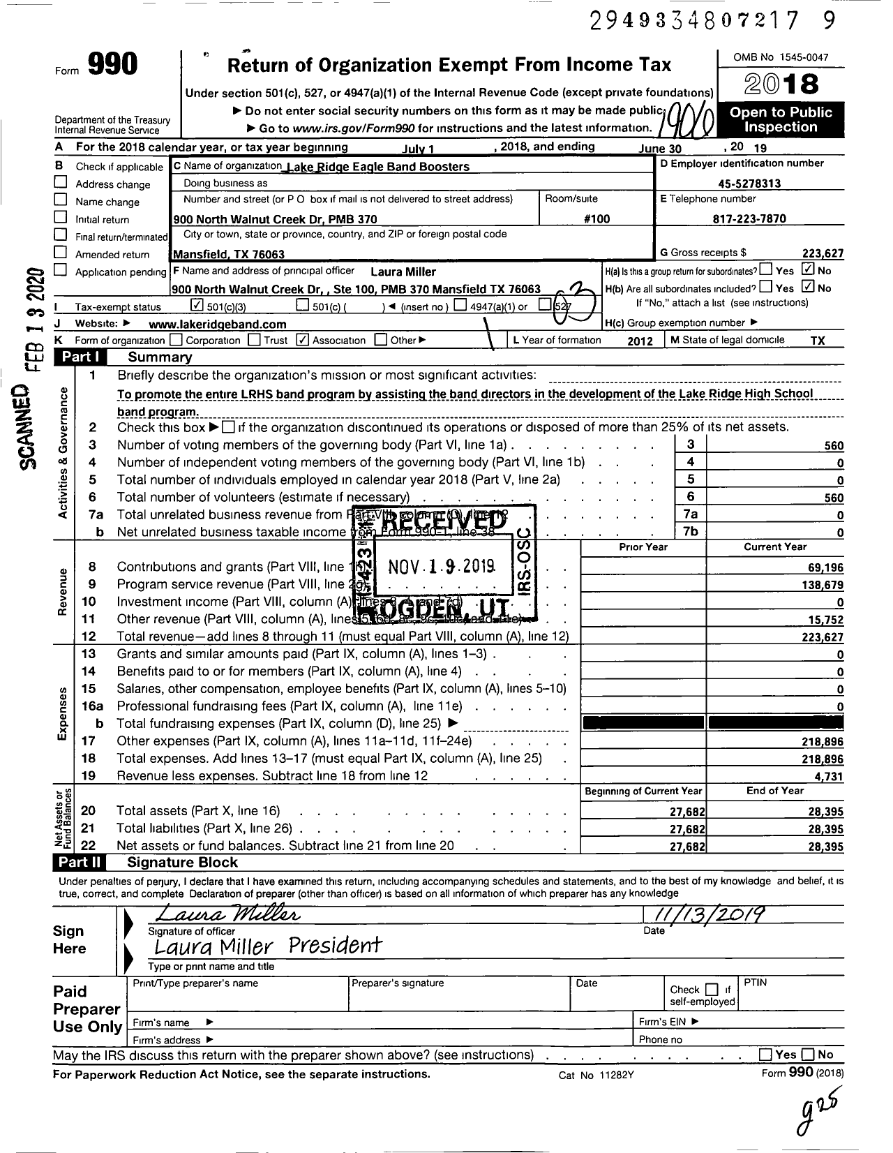 Image of first page of 2018 Form 990 for Lake Ridge Eagle Band Boosters