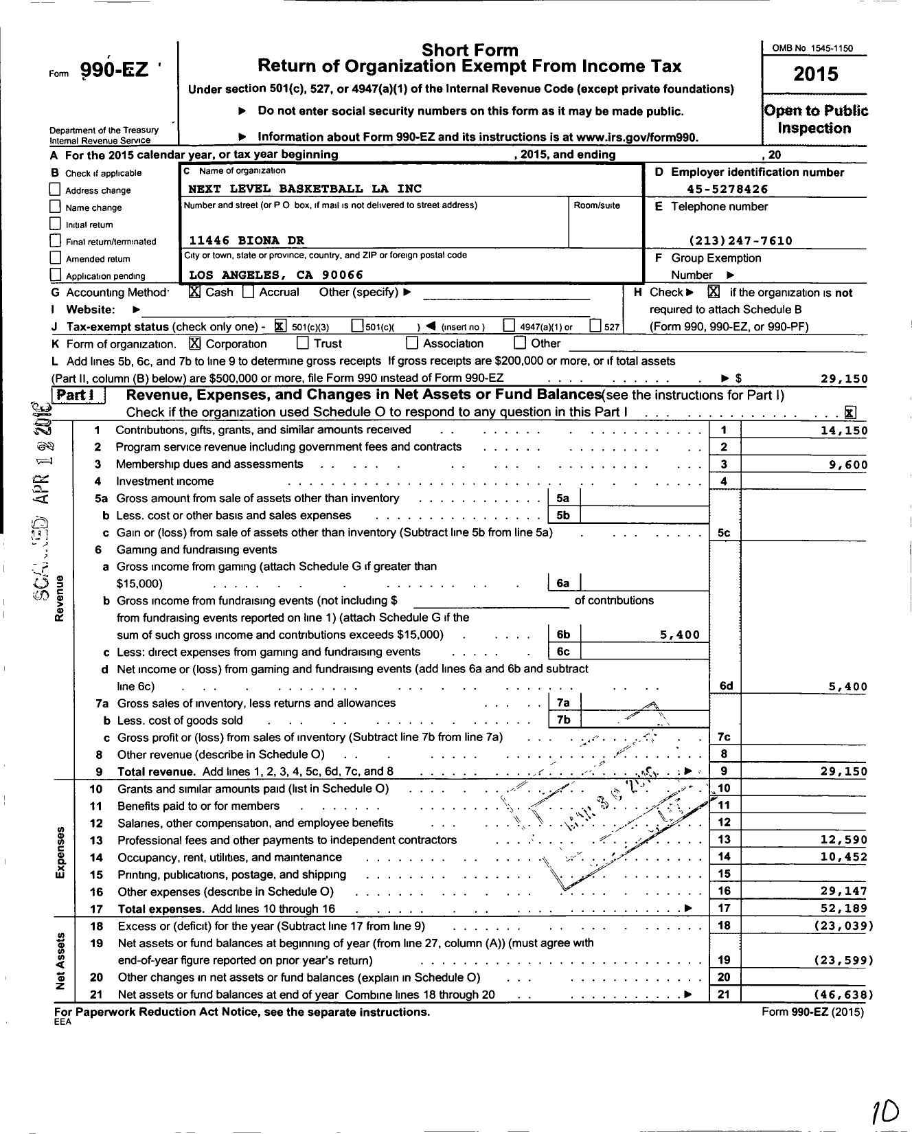 Image of first page of 2015 Form 990EZ for Next Level Basketball La