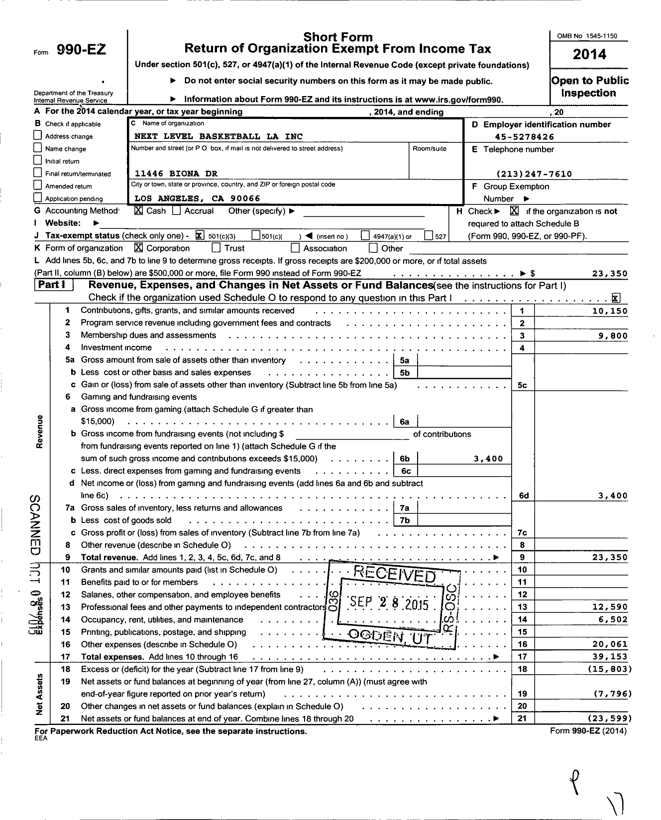 Image of first page of 2014 Form 990EZ for Next Level Basketball La